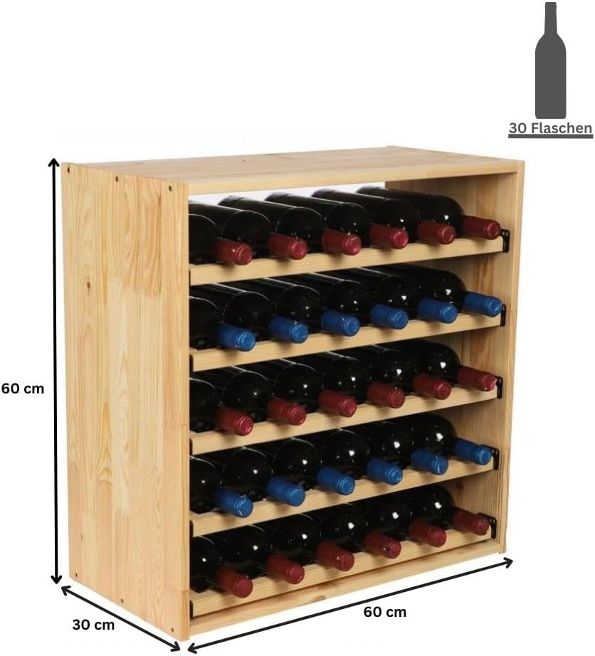 PROREGAL VINCELLAR MOD Modular Wine Rack H x W x D 60 x 60 x 30 cm Extension Module for 30 Bottles with Extendable Levels Solid Pine Wood Natural Wine Holder Wine Stand Bottle Rack Wooden Shelf