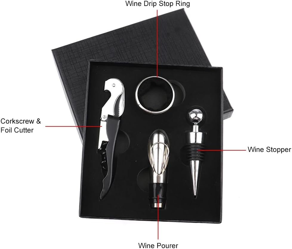 Sommelier Set, Korkenzieher Wein Set, Korkenzieher Set, Rotwein Flaschenöffner, Weinkorkenzieher, Wein Sommelier Set, 4-In-1 Weinzubehör, Mit Weinöffner, Tropfringe, Weinverschlüsse, Weinausgießer
