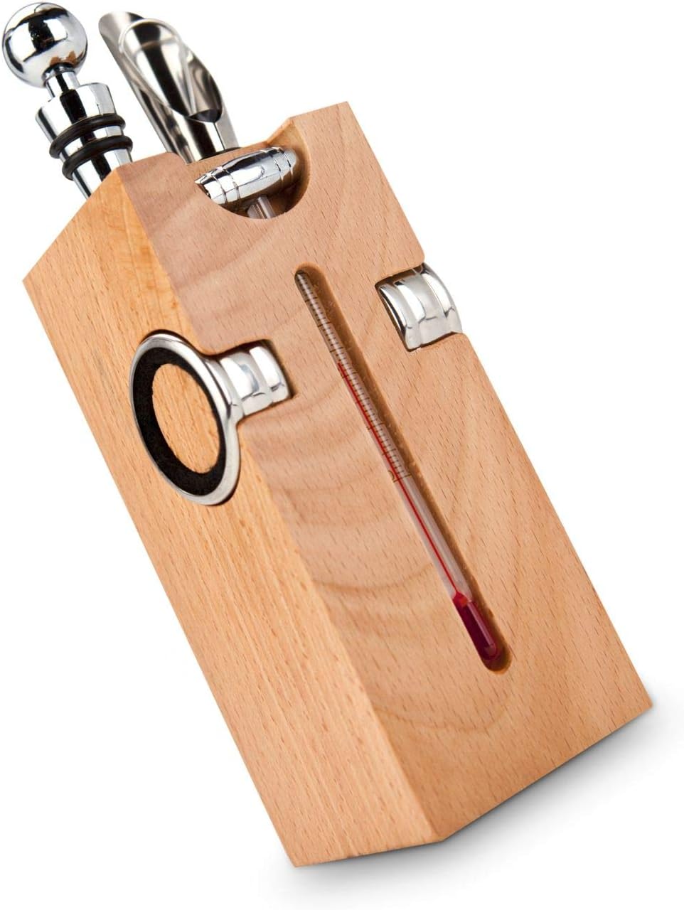 Rominox Gift Item, Wine Accessories, Beech Block - 7-Piece Wine Accessories, Block with Sommelier Knife, 2 Drip Rings, Wine Thermometer, Bottle Stopper, Pourer; Dimensions: Approx. 7 x 7 x 22 cm