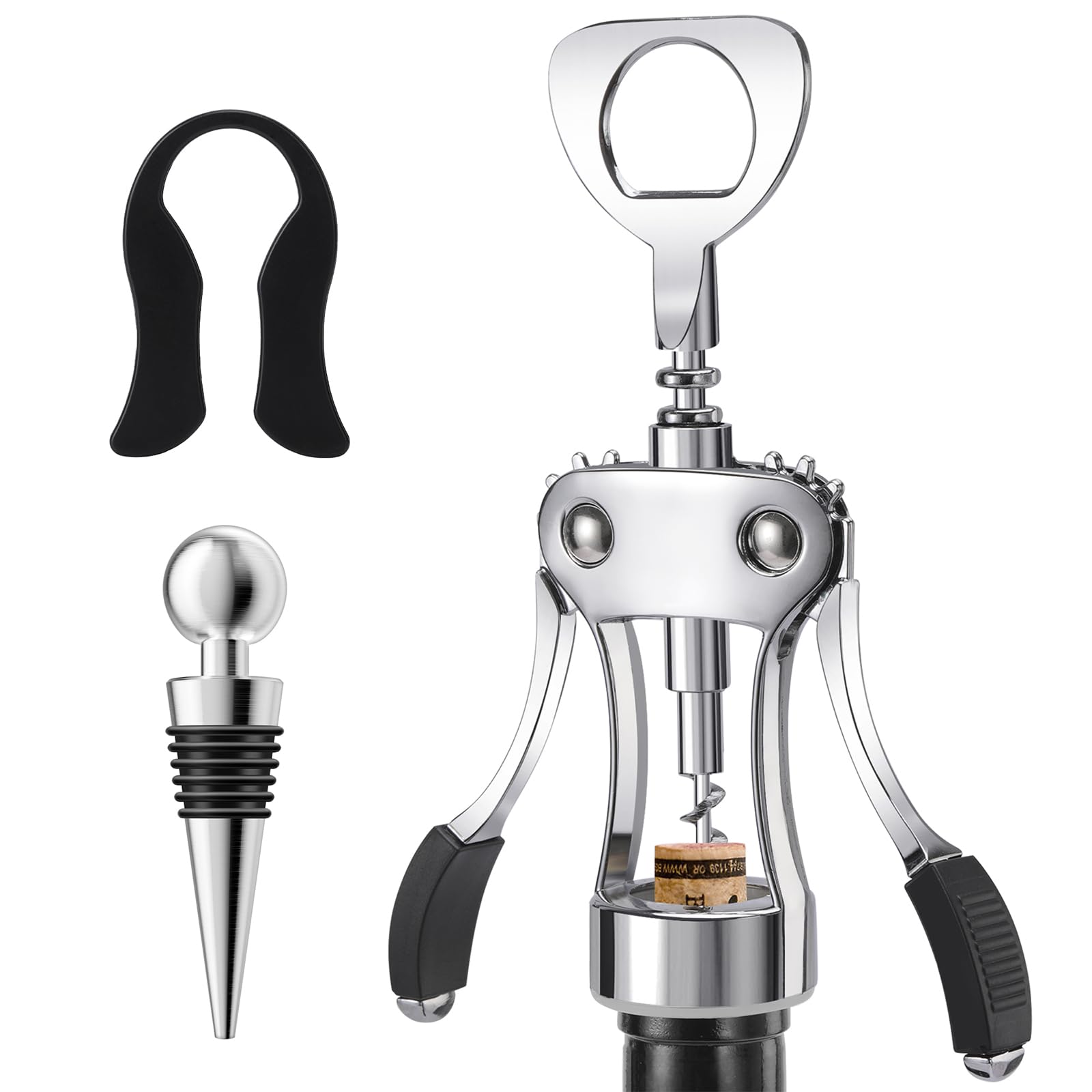 KORCCI Wine Opener, Heavy-Duty Zinc Alloy Wing Corkscrew, Premium Beer Bottle Opener, Multifunctional Wine Accessories with Ergonomic Handle and Sharp Screw, for Kitchen, Bar, Restaurant, Bartenders