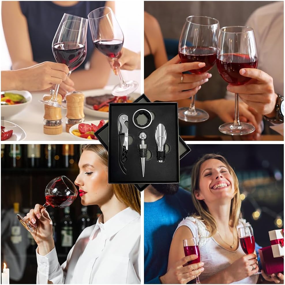 Sommelier Set, Korkenzieher Wein Set, Korkenzieher Set, Rotwein Flaschenöffner, Weinkorkenzieher, Wein Sommelier Set, 4-In-1 Weinzubehör, Mit Weinöffner, Tropfringe, Weinverschlüsse, Weinausgießer
