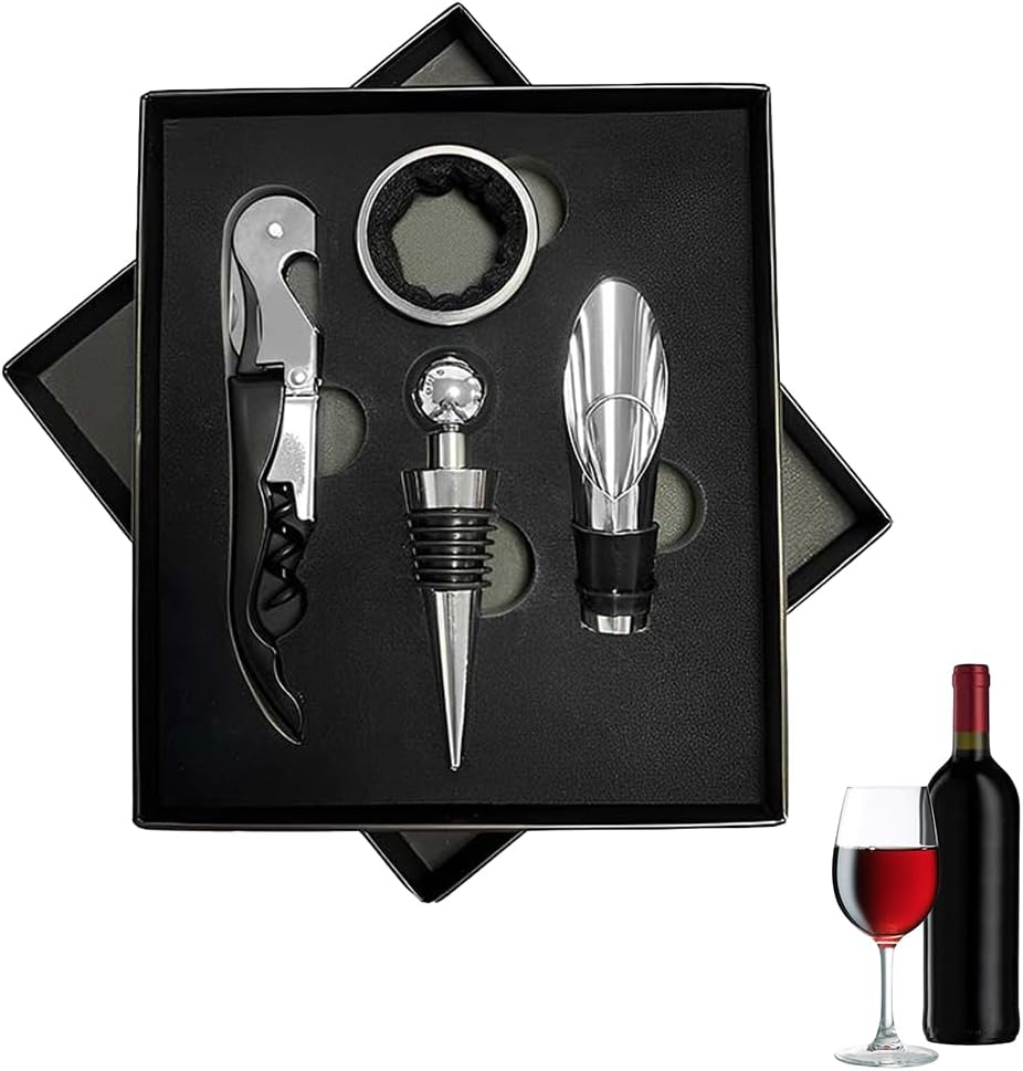 Sommelier Set, Korkenzieher Wein Set, Korkenzieher Set, Rotwein Flaschenöffner, Weinkorkenzieher, Wein Sommelier Set, 4-In-1 Weinzubehör, Mit Weinöffner, Tropfringe, Weinverschlüsse, Weinausgießer