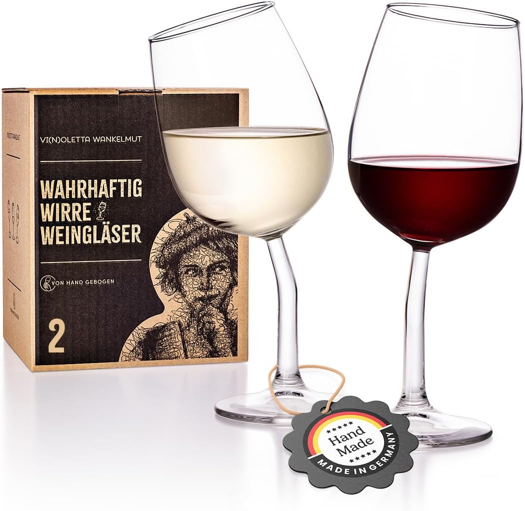 Vi(n)oletta Wankelmut Crooked Wine Glasses Set (2 Pieces) - Wine Glass Funny Hand Curved in Germany - Funny Wine Glasses as Wine Gifts for Men and Women