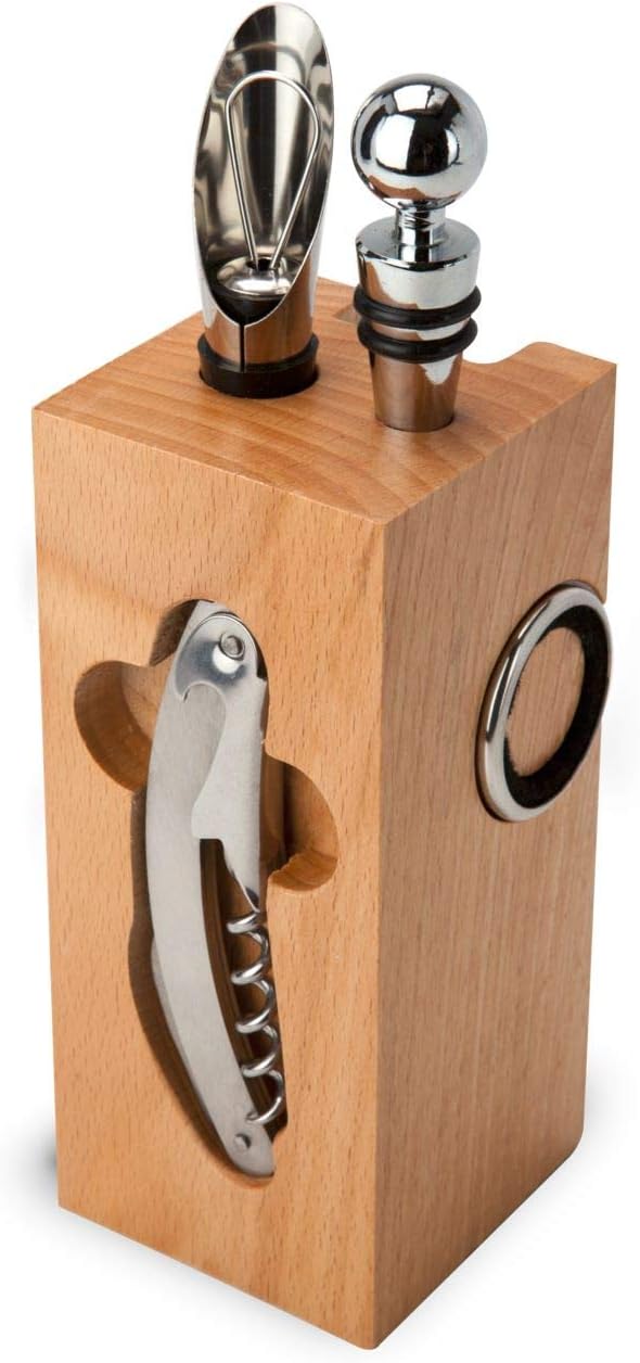 Rominox Gift Item, Wine Accessories, Beech Block - 7-Piece Wine Accessories, Block with Sommelier Knife, 2 Drip Rings, Wine Thermometer, Bottle Stopper, Pourer; Dimensions: Approx. 7 x 7 x 22 cm
