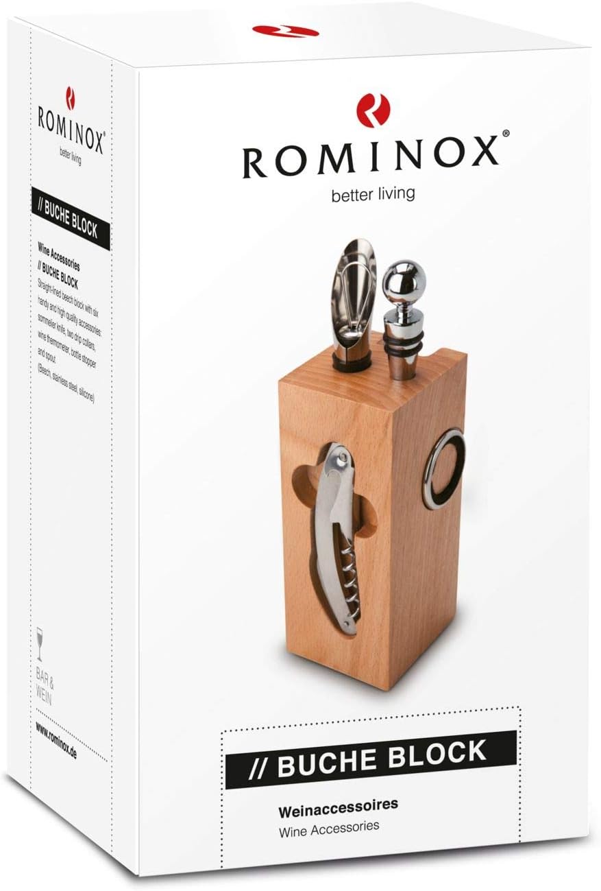 Rominox Gift Item, Wine Accessories, Beech Block - 7-Piece Wine Accessories, Block with Sommelier Knife, 2 Drip Rings, Wine Thermometer, Bottle Stopper, Pourer; Dimensions: Approx. 7 x 7 x 22 cm