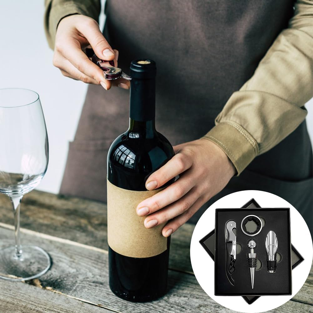 Sommelier Set, Korkenzieher Wein Set, Korkenzieher Set, Rotwein Flaschenöffner, Weinkorkenzieher, Wein Sommelier Set, 4-In-1 Weinzubehör, Mit Weinöffner, Tropfringe, Weinverschlüsse, Weinausgießer