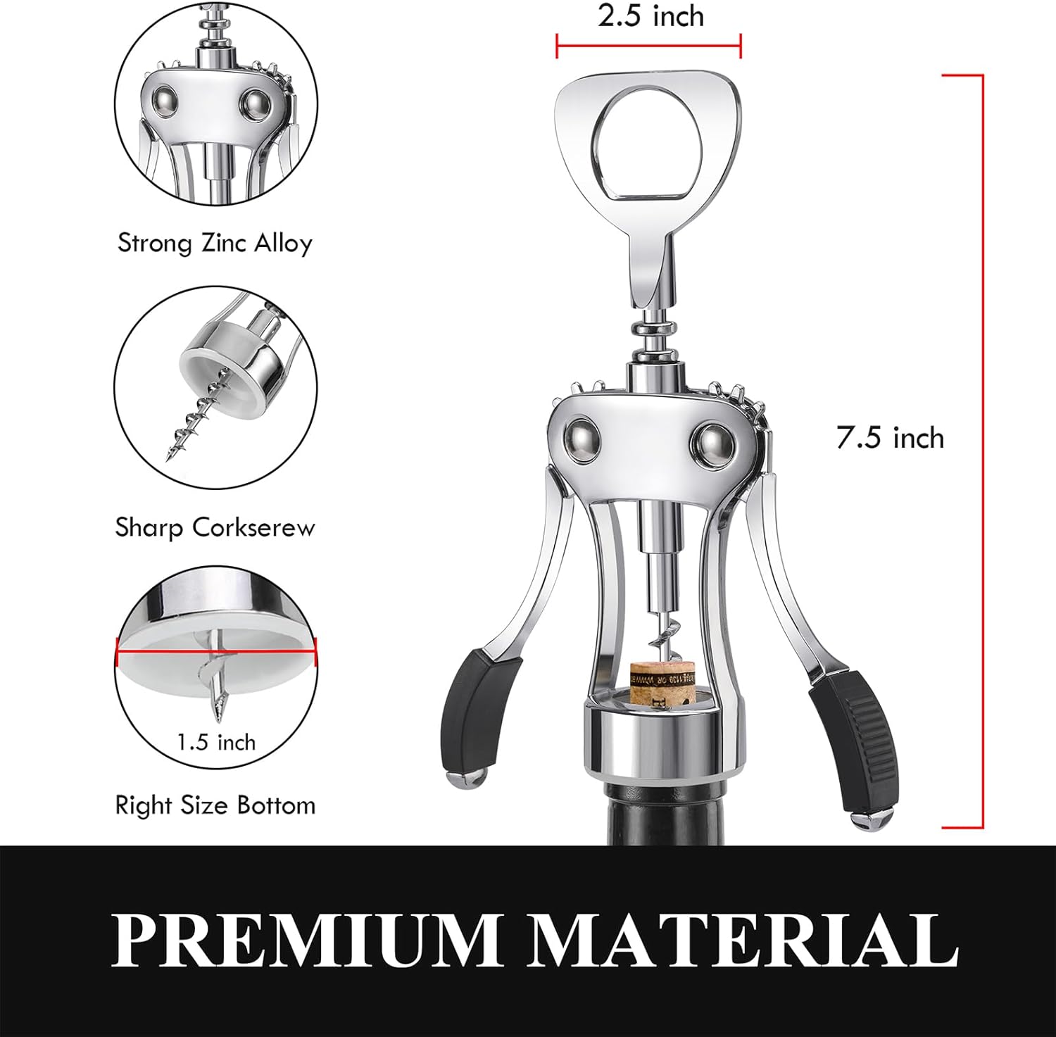 KORCCI Wine Opener, Heavy-Duty Zinc Alloy Wing Corkscrew, Premium Beer Bottle Opener, Multifunctional Wine Accessories with Ergonomic Handle and Sharp Screw, for Kitchen, Bar, Restaurant, Bartenders