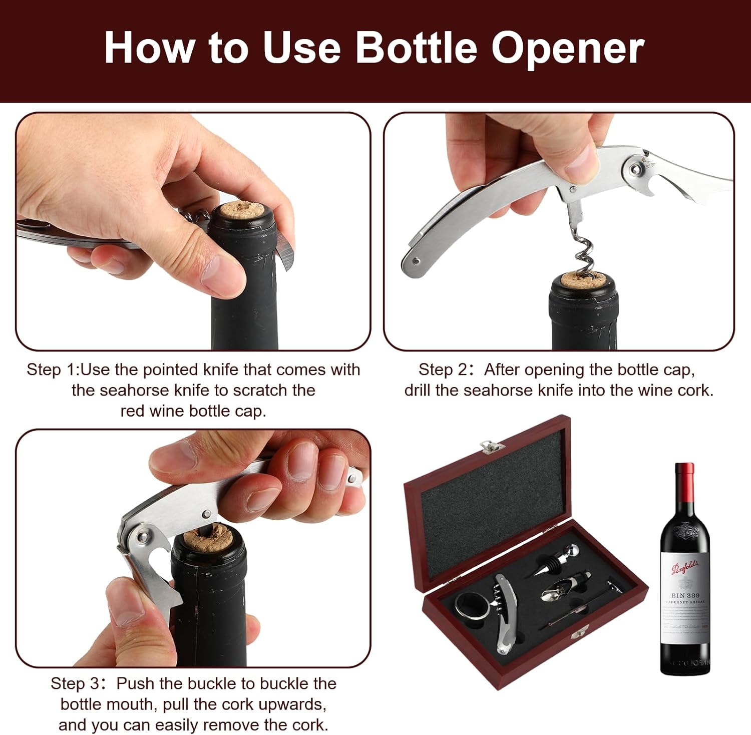 Korkenzieher Wein Set, 5 Stück Manueller Weinöffner Sommelier-Sets, Edelstahl Rotwein Flaschenöffner mit klassischem Holzetui für Weinflaschen, Weinöffner Kit für Hochzeit Christmas Papa Vatertag