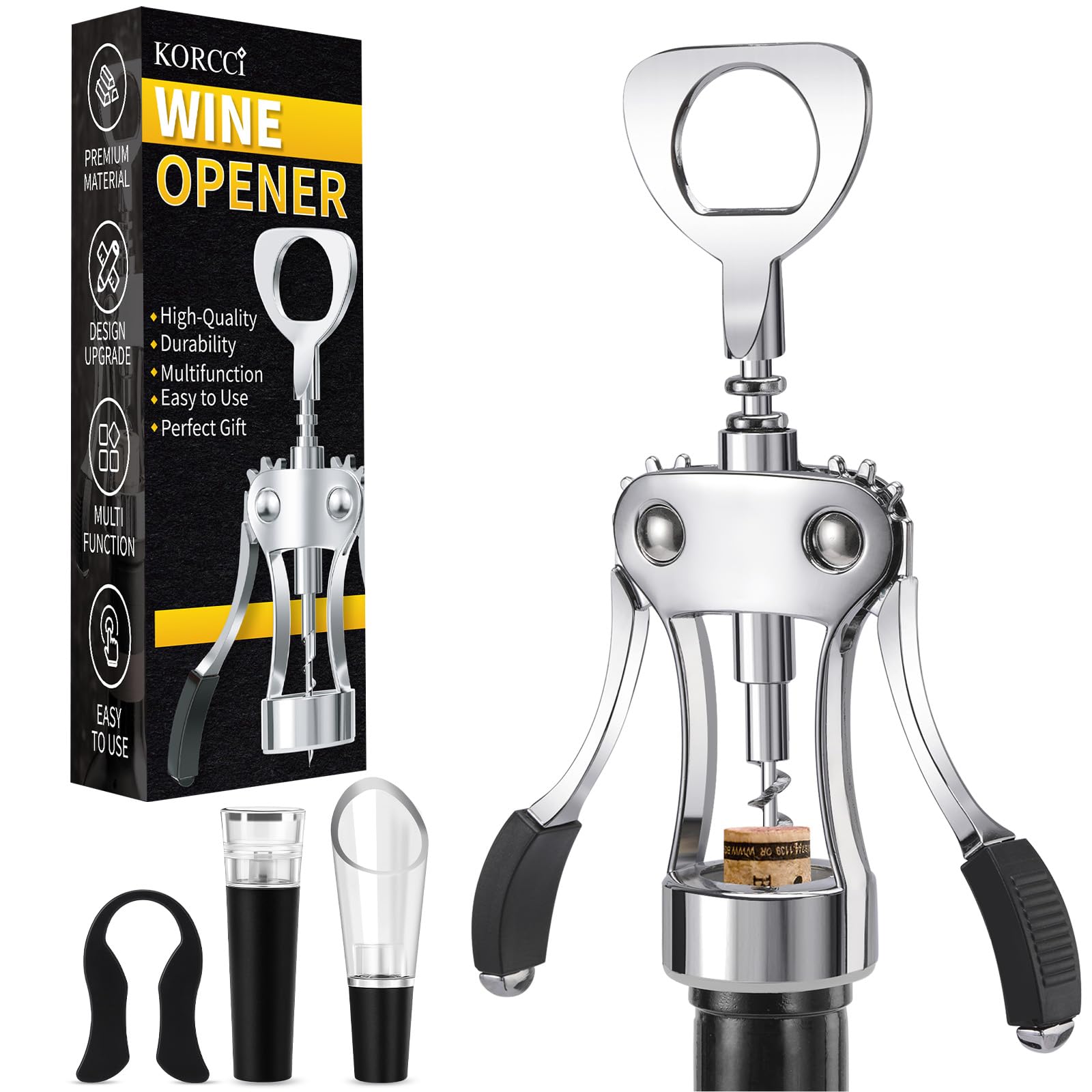 KORCCI Wine Opener, Heavy-Duty Zinc Alloy Wing Corkscrew, Premium Beer Bottle Opener, Multifunctional Wine Accessories with Ergonomic Handle and Sharp Screw, for Kitchen, Bar, Restaurant, Bartenders