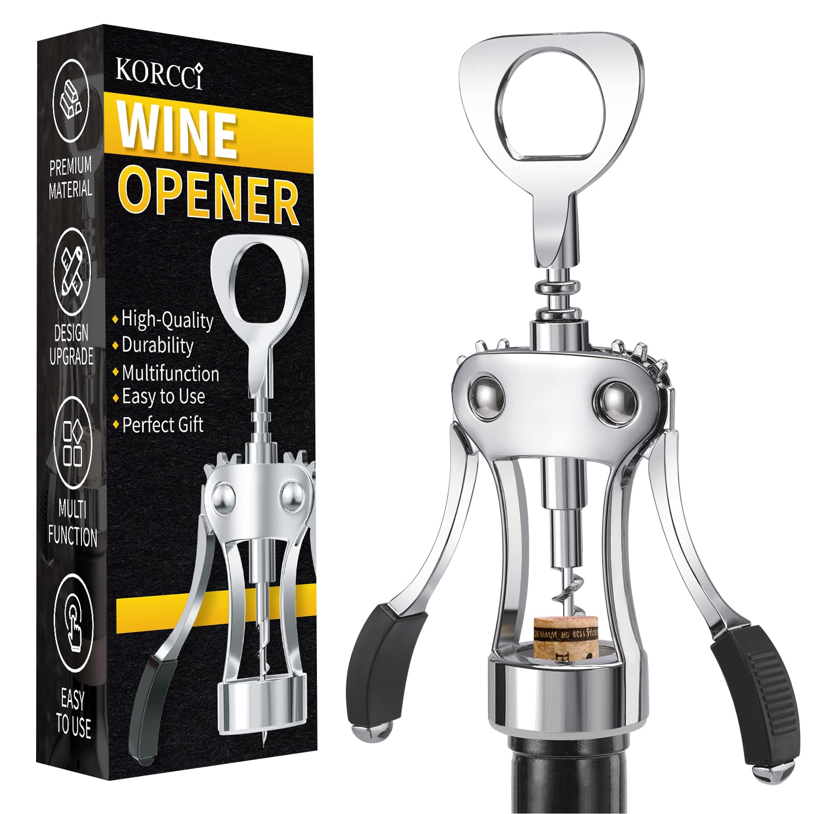 KORCCI Wine Opener, Heavy-Duty Zinc Alloy Wing Corkscrew, Premium Beer Bottle Opener, Multifunctional Wine Accessories with Ergonomic Handle and Sharp Screw, for Kitchen, Bar, Restaurant, Bartenders