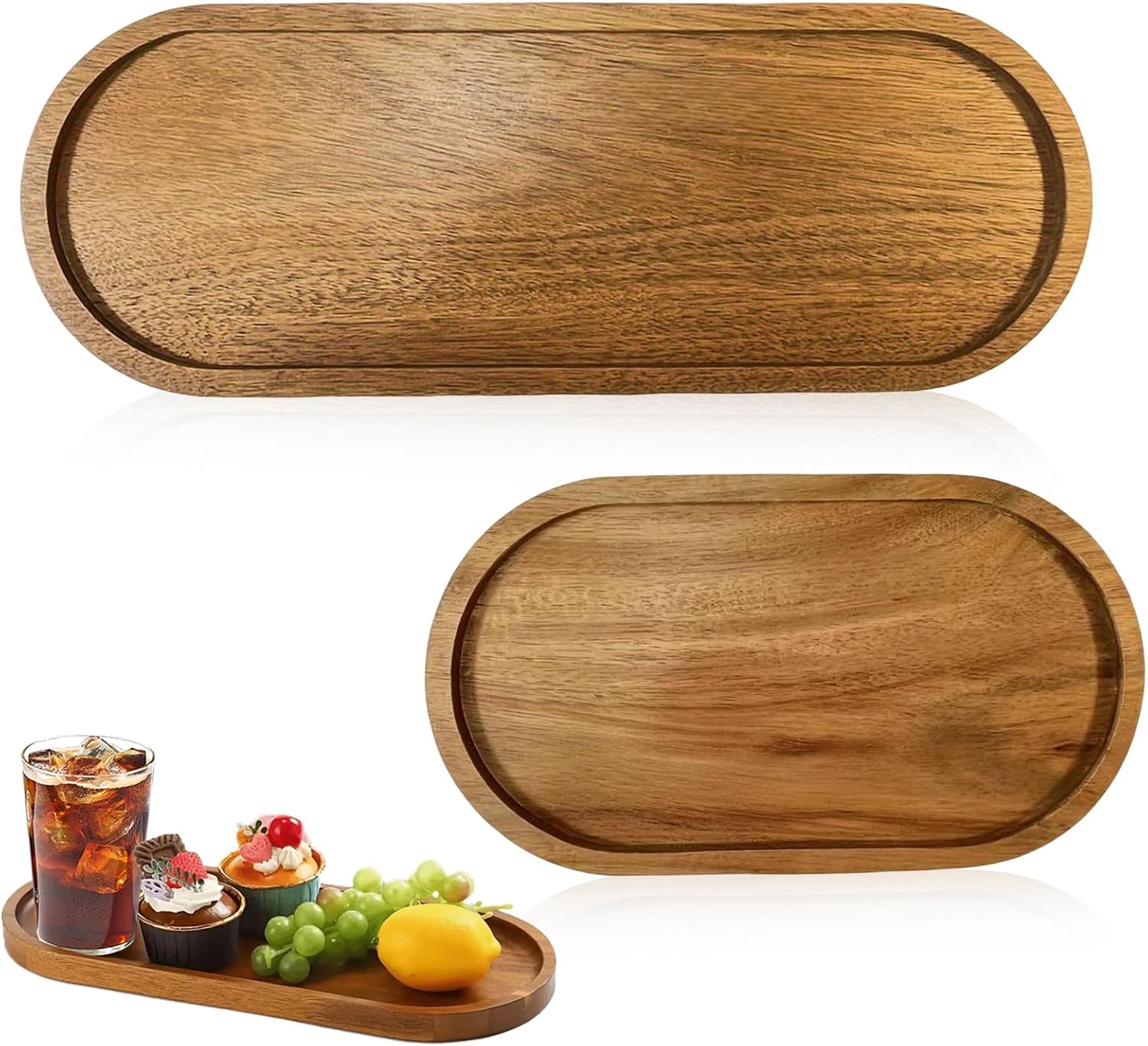 SNSYGN Holzteller, 2 Stück Servierplatte Holz Ovale Holztablett Holz Deko Charcuterie Board Kleines Tablett für Frühstück, Kaffee, Brot, Tee, Kuchen, Handtücher und Duschzubehö