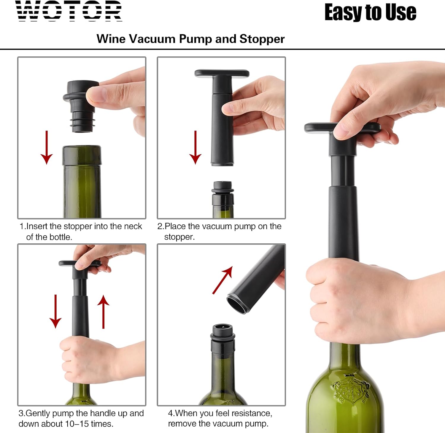 WOTOR Wine Vacuum Pump with 4 Stoppers, Wine Bottle Stopper, Wine Preserver, Reusable Wine Stopper Keeps Wine Fresh, Ideal Wine Accessory Gift
