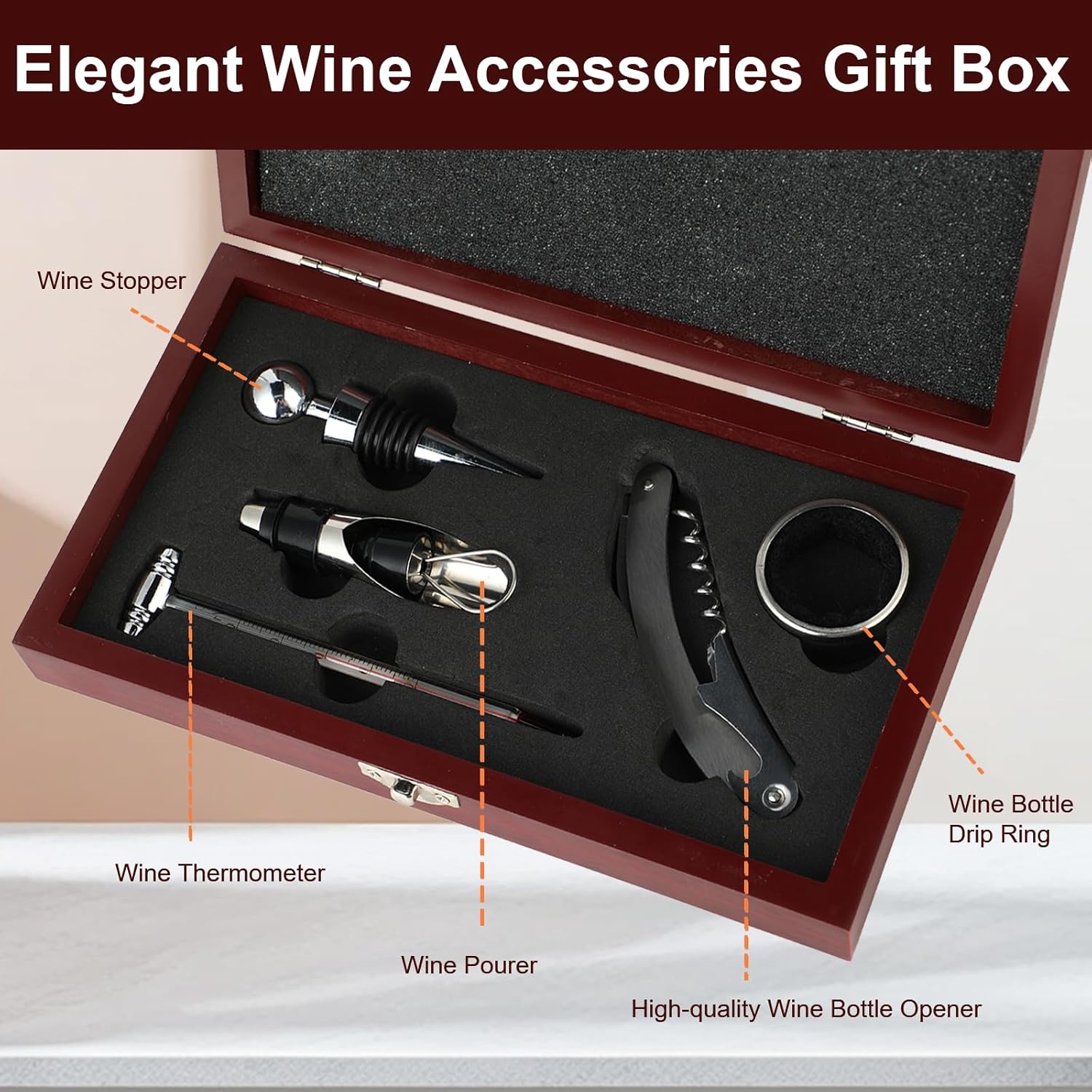 Korkenzieher Wein Set, 5 Stück Manueller Weinöffner Sommelier-Sets, Edelstahl Rotwein Flaschenöffner mit klassischem Holzetui für Weinflaschen, Weinöffner Kit für Hochzeit Christmas Papa Vatertag