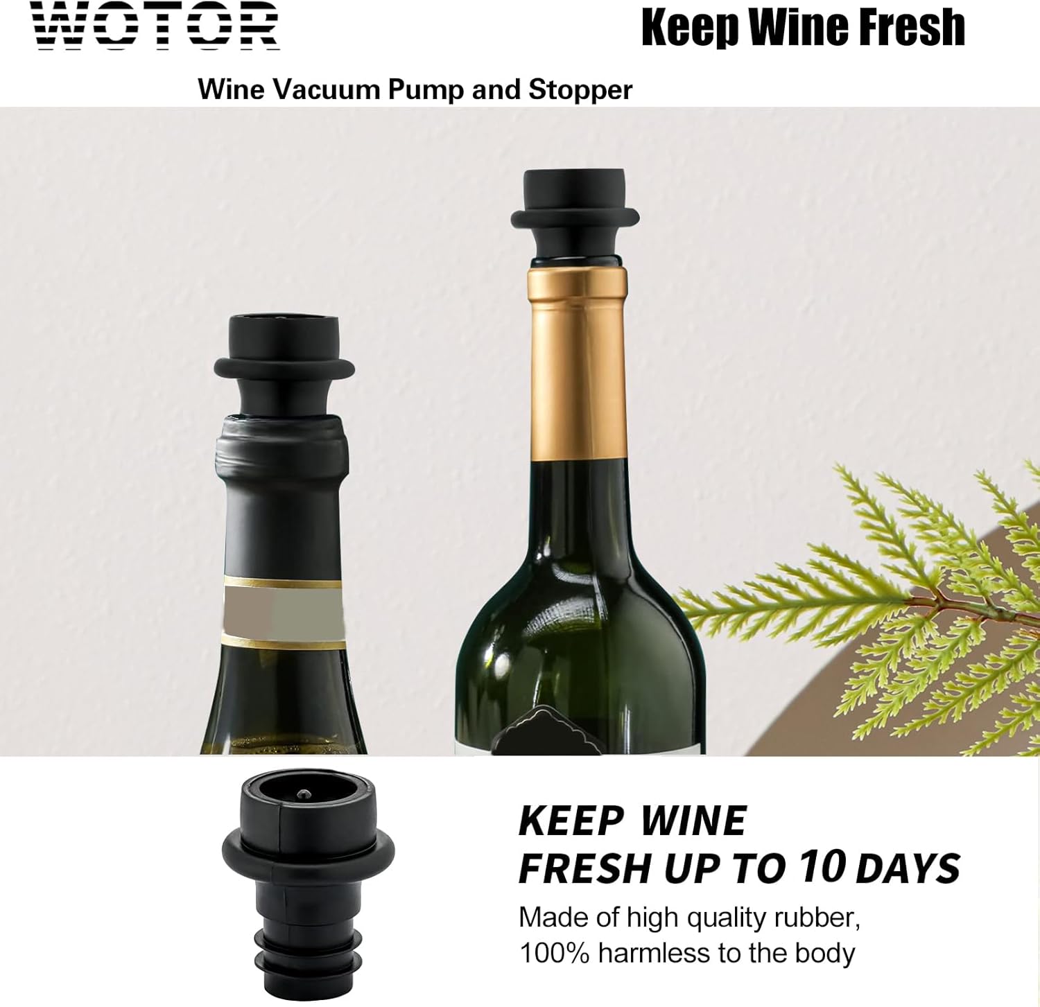 WOTOR Wine Vacuum Pump with 4 Stoppers, Wine Bottle Stopper, Wine Preserver, Reusable Wine Stopper Keeps Wine Fresh, Ideal Wine Accessory Gift