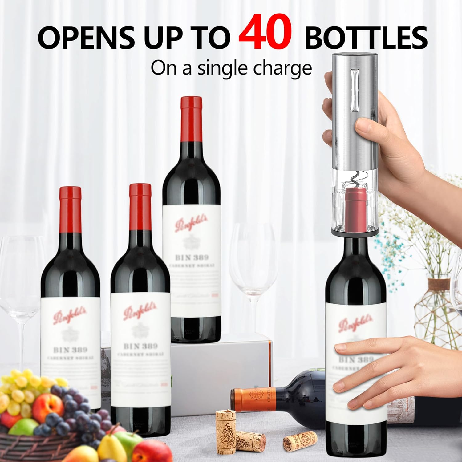 BGFOX Electric Wine Bottle Opener Set Rechargeable Stainless Steel, 4 in 1 Automatic Electric Corkscrew, Automatic Electric Wine Aerator, Foil Cutter and Vacuum Stopper, Gifts for Wine Lovers
