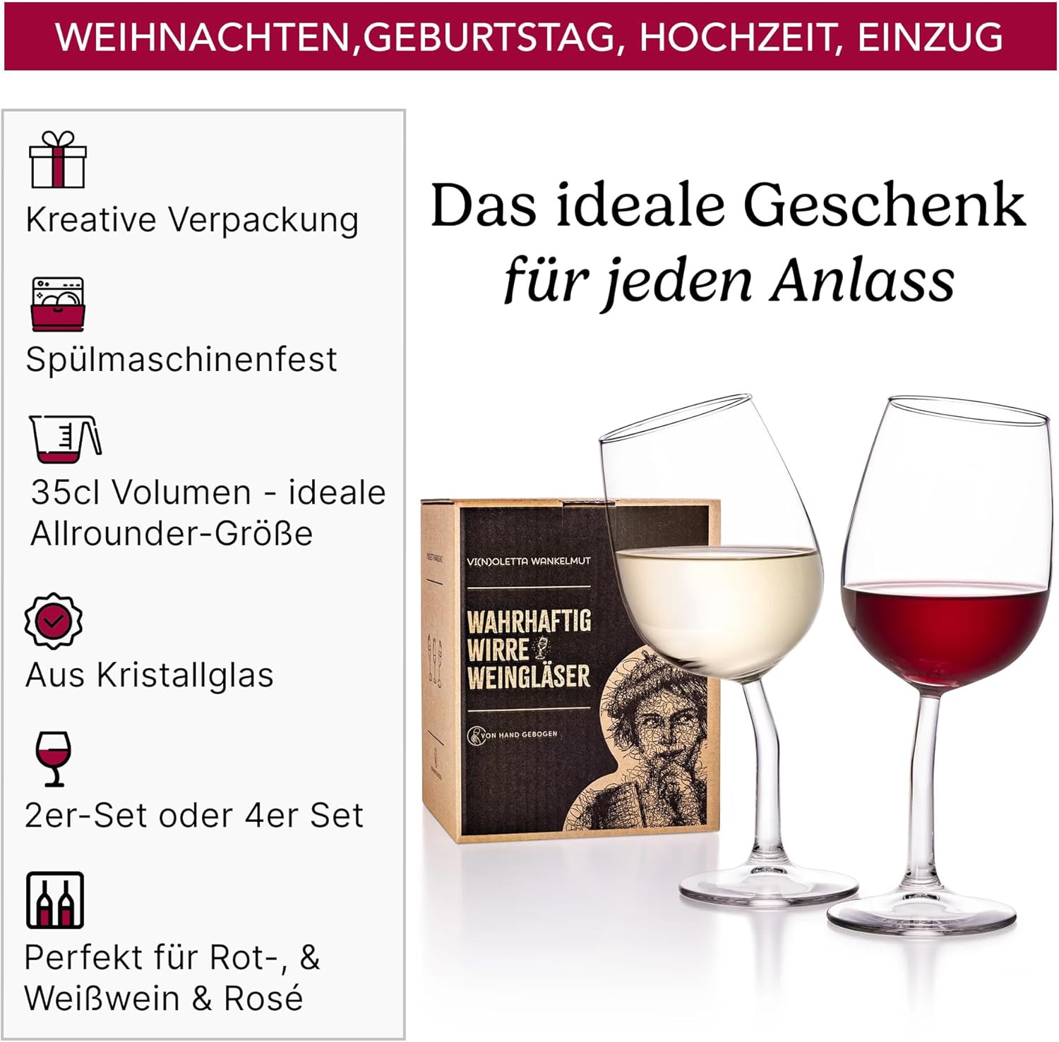 Vi(n)oletta Wankelmut Crooked Wine Glasses Set (2 Pieces) - Wine Glass Funny Hand Curved in Germany - Funny Wine Glasses as Wine Gifts for Men and Women