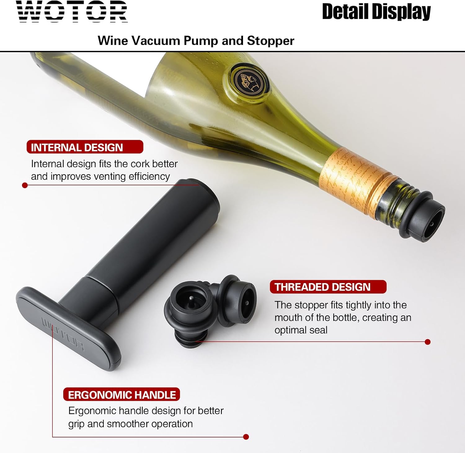 WOTOR Wine Vacuum Pump with 4 Stoppers, Wine Bottle Stopper, Wine Preserver, Reusable Wine Stopper Keeps Wine Fresh, Ideal Wine Accessory Gift