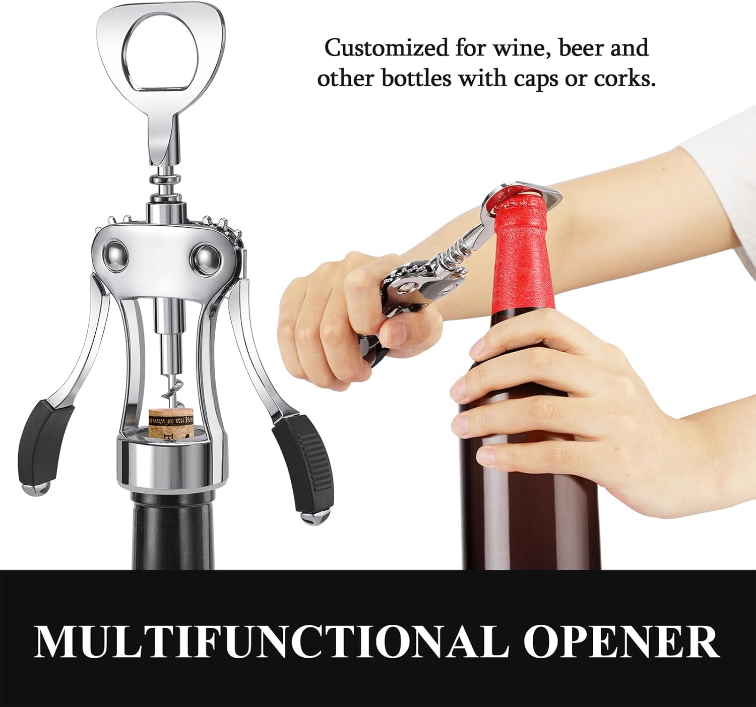 KORCCI Wine Opener, Heavy-Duty Zinc Alloy Wing Corkscrew, Premium Beer Bottle Opener, Multifunctional Wine Accessories with Ergonomic Handle and Sharp Screw, for Kitchen, Bar, Restaurant, Bartenders