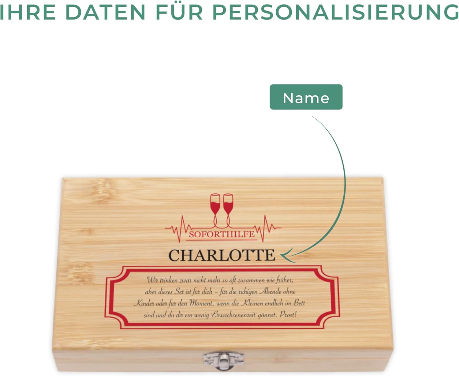 LAUBLUST Weinöffner Set Personalisiert mit Name - 5er Weinzubehörset als cooles Geschenk für Bestie | Soforthilfe - Weinzubehör mit Holz Geschenkbox | Witzige Personalisierte Geschenke für Freundin