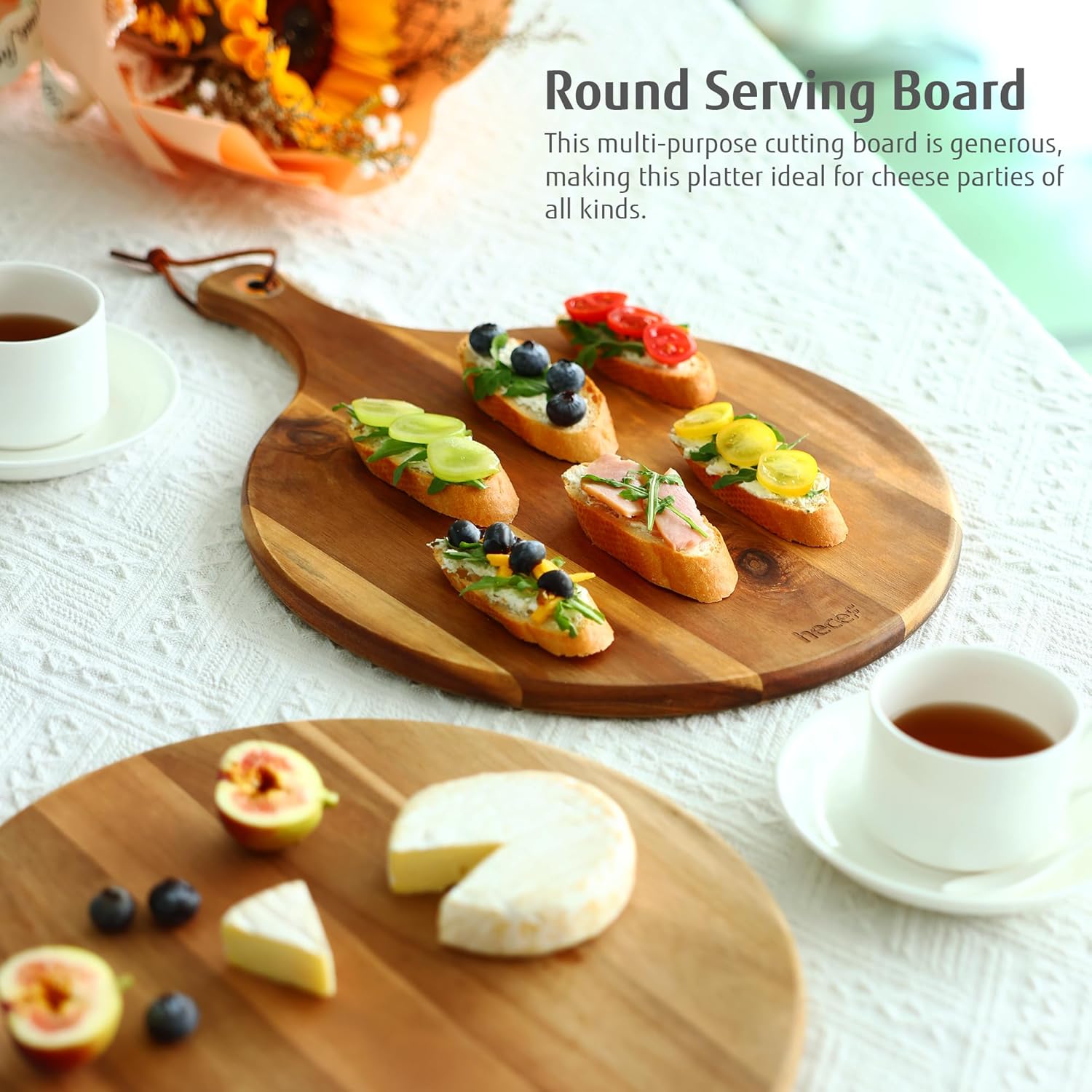 hecef Käsebrett Holz, Käseplatten Käsebretter Servierplatte Servierbrett Geschenk für Party-Geburtstag, Weihnachts, Charcuterie Platte Cheese Board mit Griff 30.5cm (Rundes)