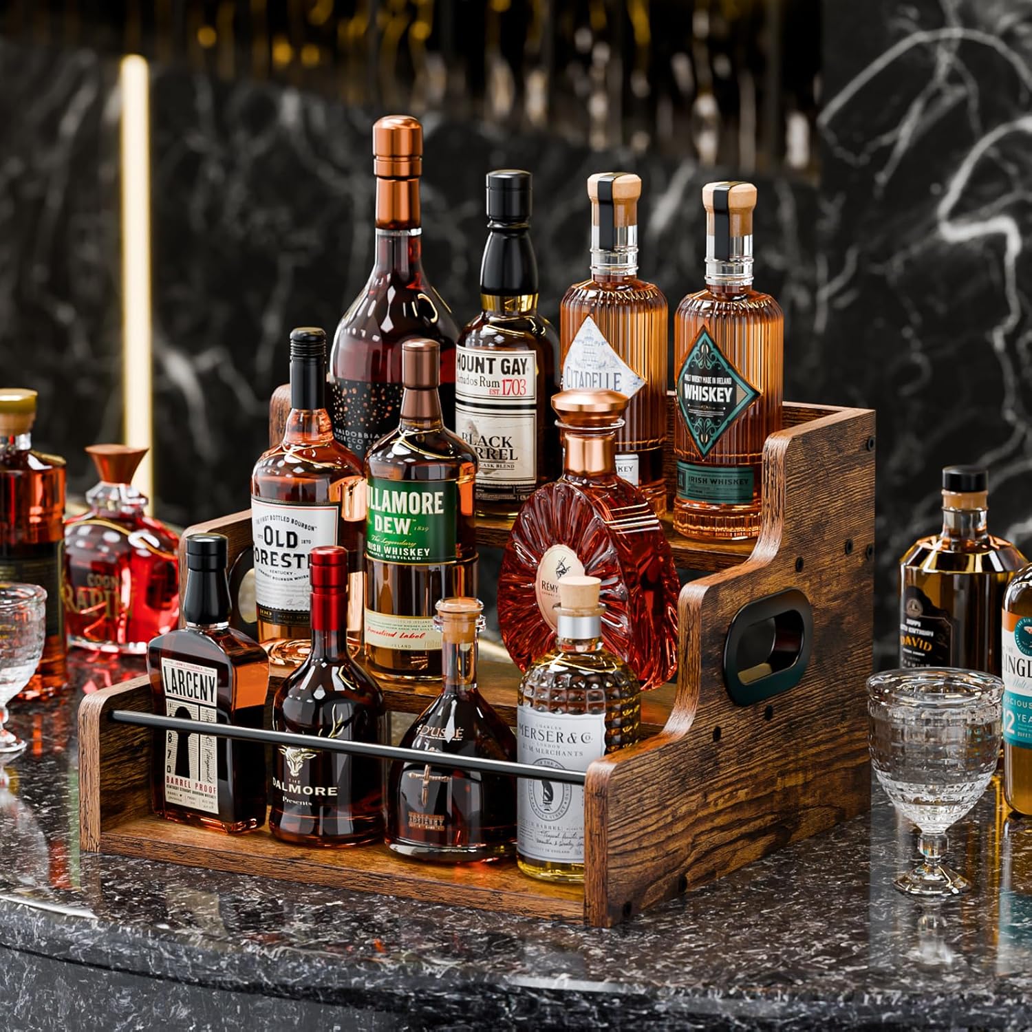 KLM Liquor Bottle Display Shelf, Coffee Syrup Rack Organizer, 3 Step Countertop Wine Rack, Mini Bar, Retro Bar Shelf Stand for Whiskey, Spirits