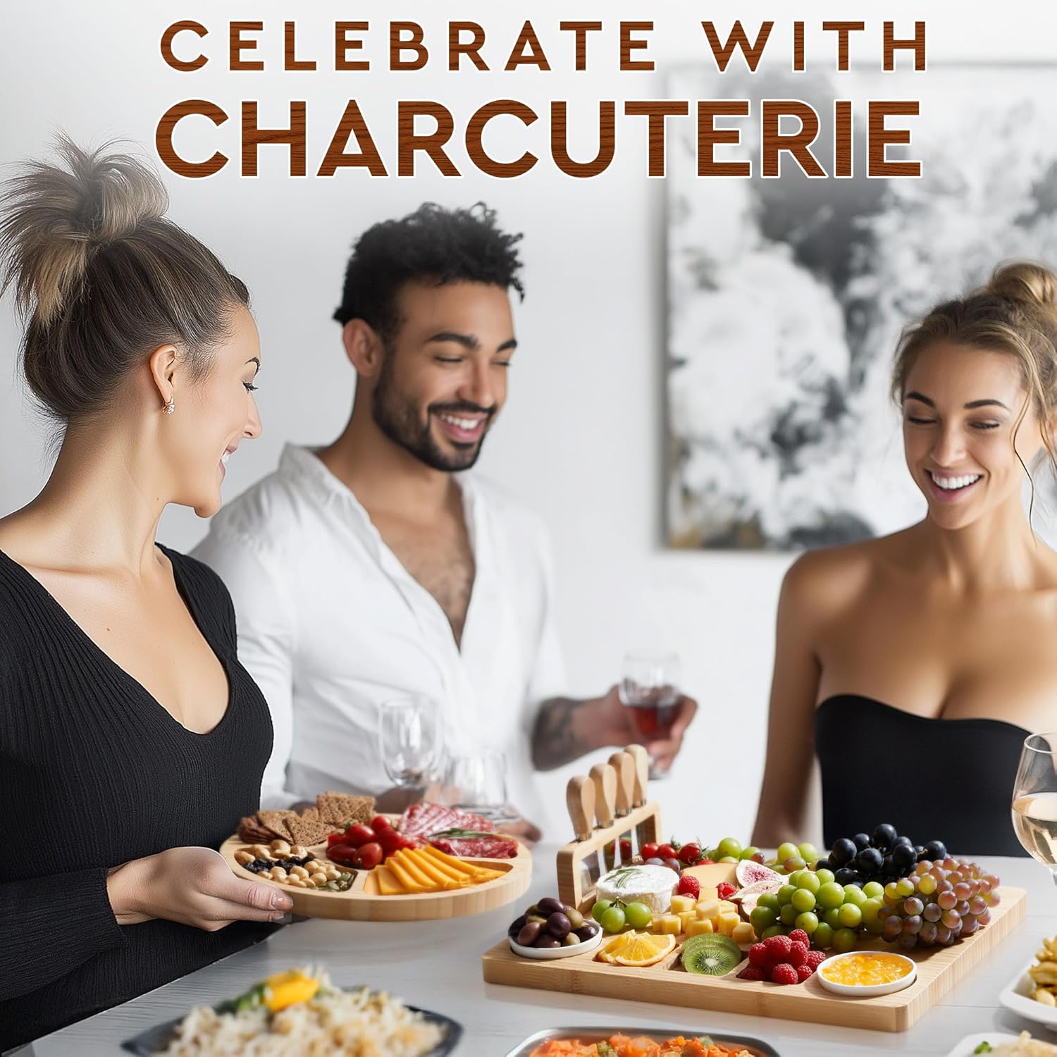 Charcuterie Boards Premium Geschenkset – 15-teilig, Bambus – großes Käsebrett plus Obsttablett als Geburtstagsgeschenk