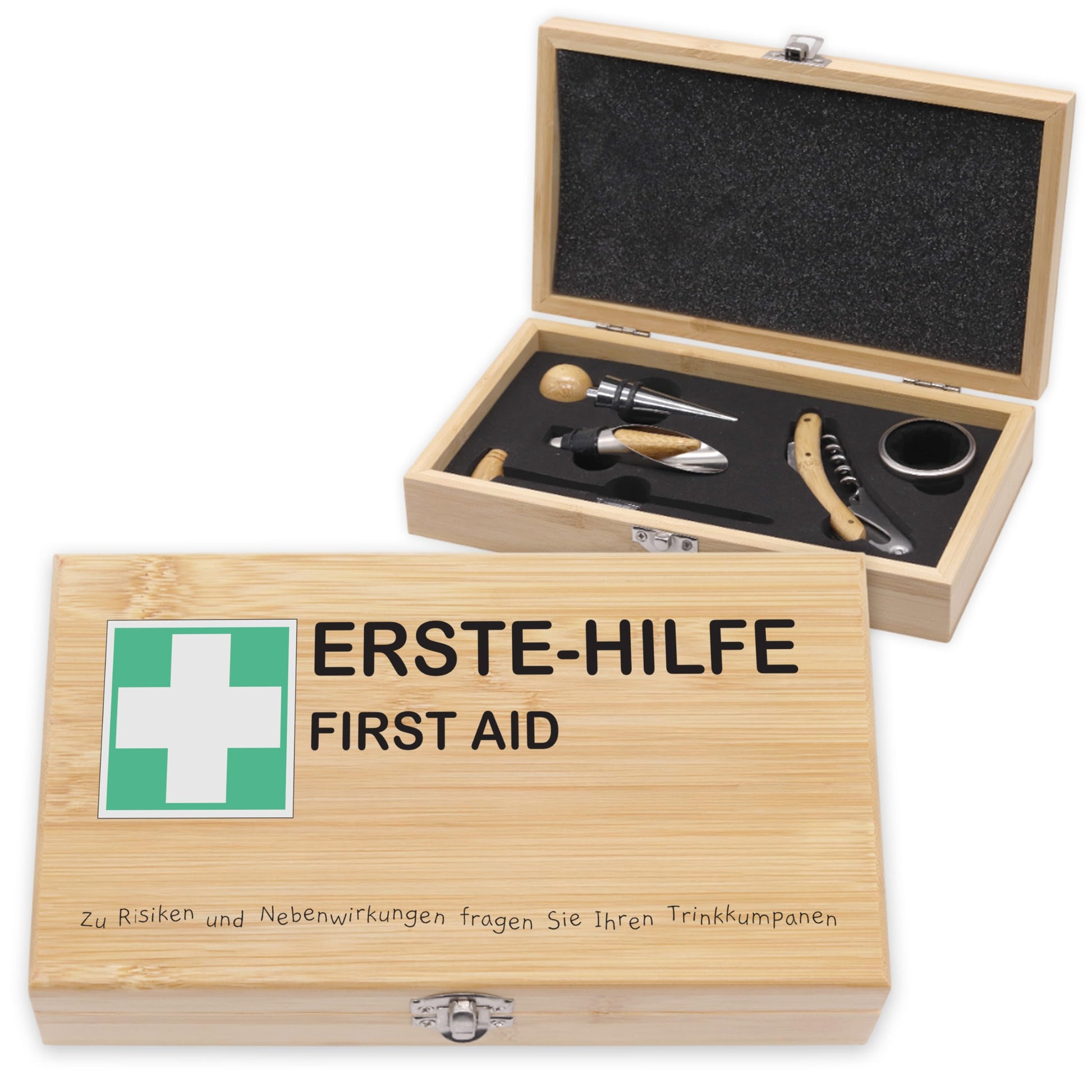 LAUBLUST Weinöffner Set Personalisiert mit Name - 5er Weinzubehörset als cooles Geschenk für Bestie | Soforthilfe - Weinzubehör mit Holz Geschenkbox | Witzige Personalisierte Geschenke für Freundin