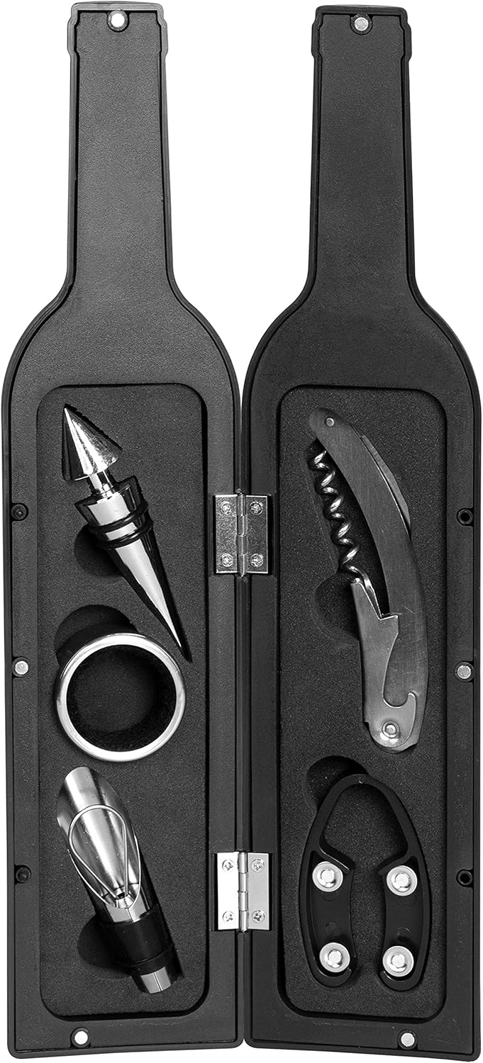 Grinscard Weinöffner Set 5 TLG. - Weinflaschen Design, Schwarz - Wein Zubehör mit Folienschneider | Korkenzieher | Ausgießer | Tropfring | Edelstahlkorken