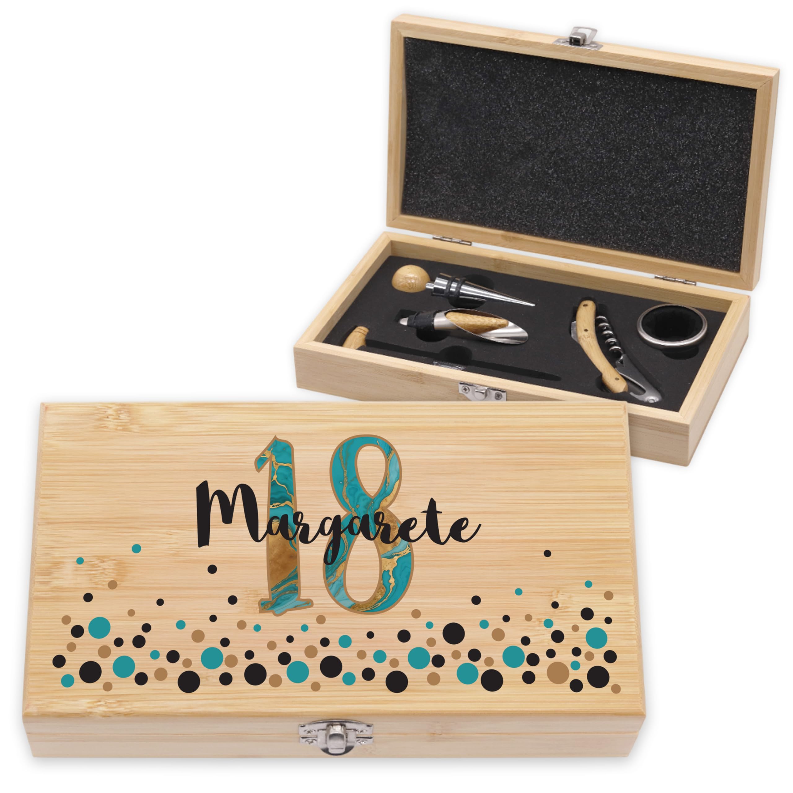 LAUBLUST Weinöffner Set Personalisiert mit Name - 5er Weinzubehörset als cooles Geschenk für Bestie | Soforthilfe - Weinzubehör mit Holz Geschenkbox | Witzige Personalisierte Geschenke für Freundin