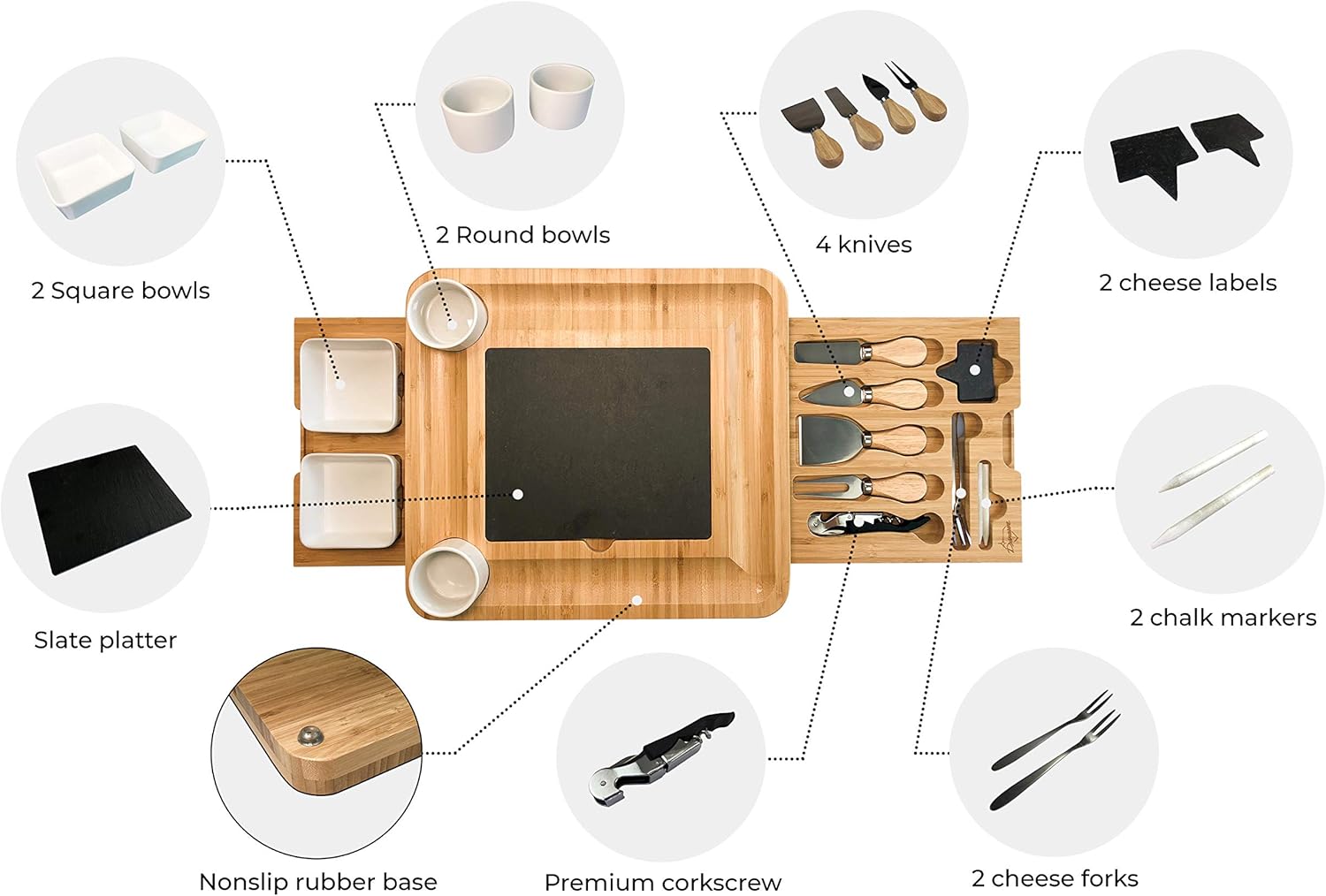 Bambus Käsebrett und Messer-Set Keramik-Schalen Weinöffner – 100% Bio-Holz Serviertablett Charcuterie Board perfekte Wahl für Gourmets, Geburtstagsgeschenke und Mütter