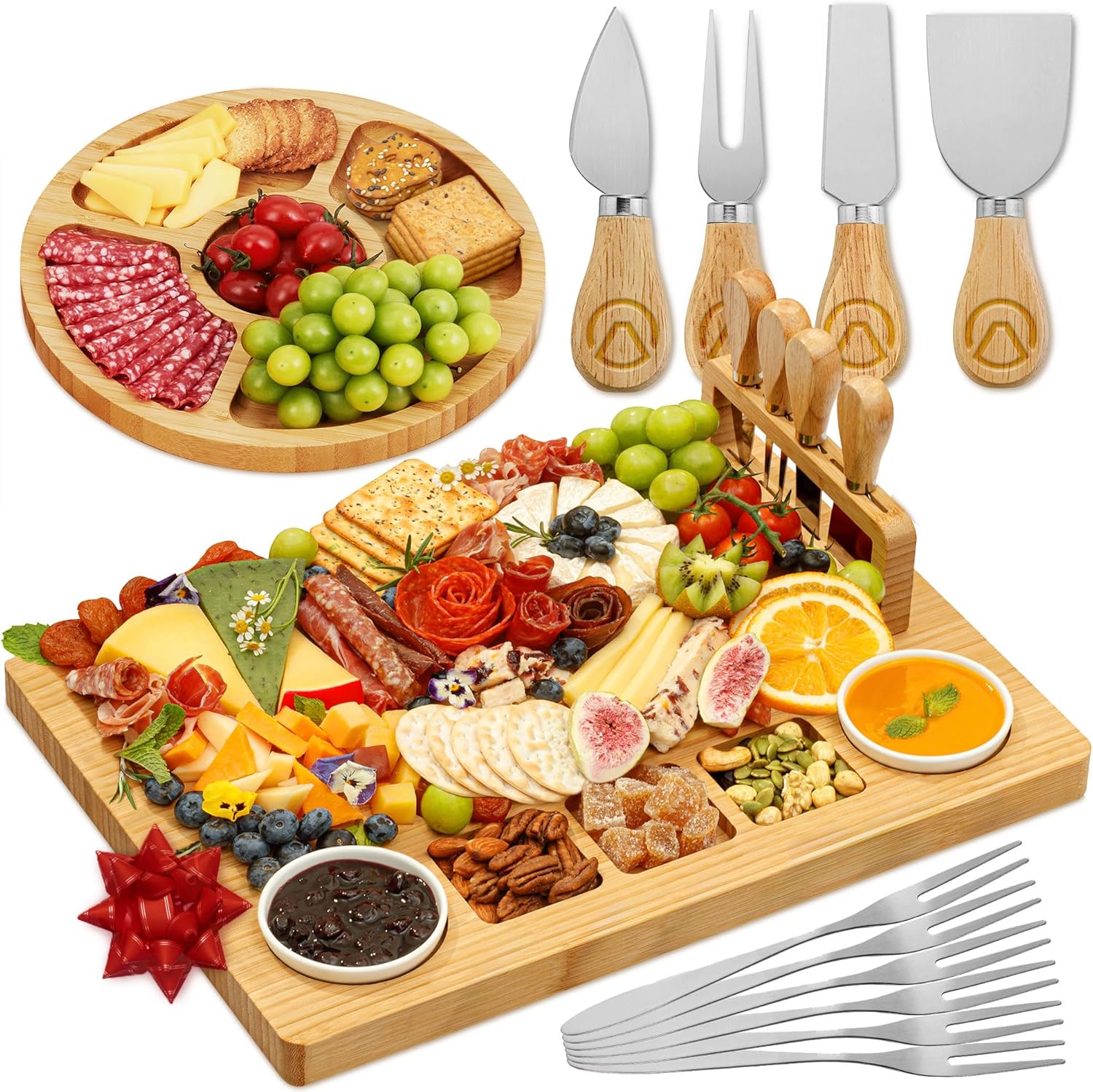 Charcuterie Boards Premium Geschenkset – 15-teilig, Bambus – großes Käsebrett plus Obsttablett als Geburtstagsgeschenk