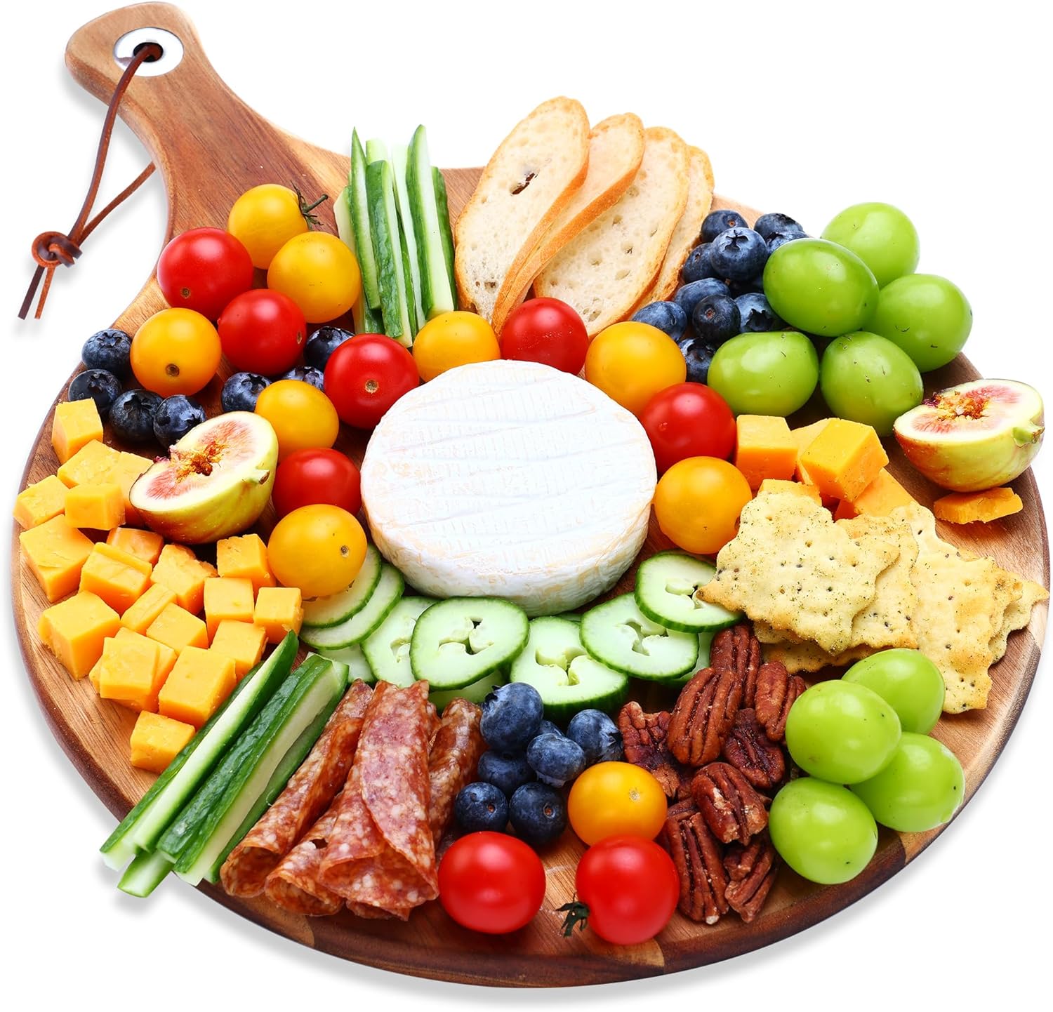 hecef Käsebrett Holz, Käseplatten Käsebretter Servierplatte Servierbrett Geschenk für Party-Geburtstag, Weihnachts, Charcuterie Platte Cheese Board mit Griff 30.5cm (Rundes)