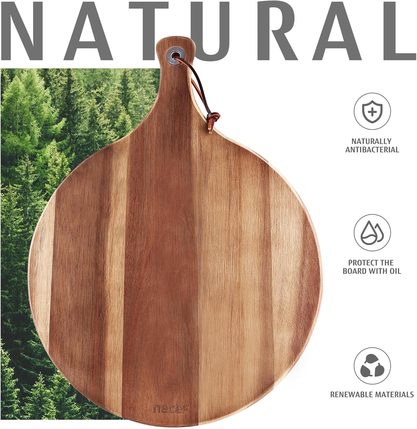 hecef Käsebrett Holz, Käseplatten Käsebretter Servierplatte Servierbrett Geschenk für Party-Geburtstag, Weihnachts, Charcuterie Platte Cheese Board mit Griff 30.5cm (Rundes)