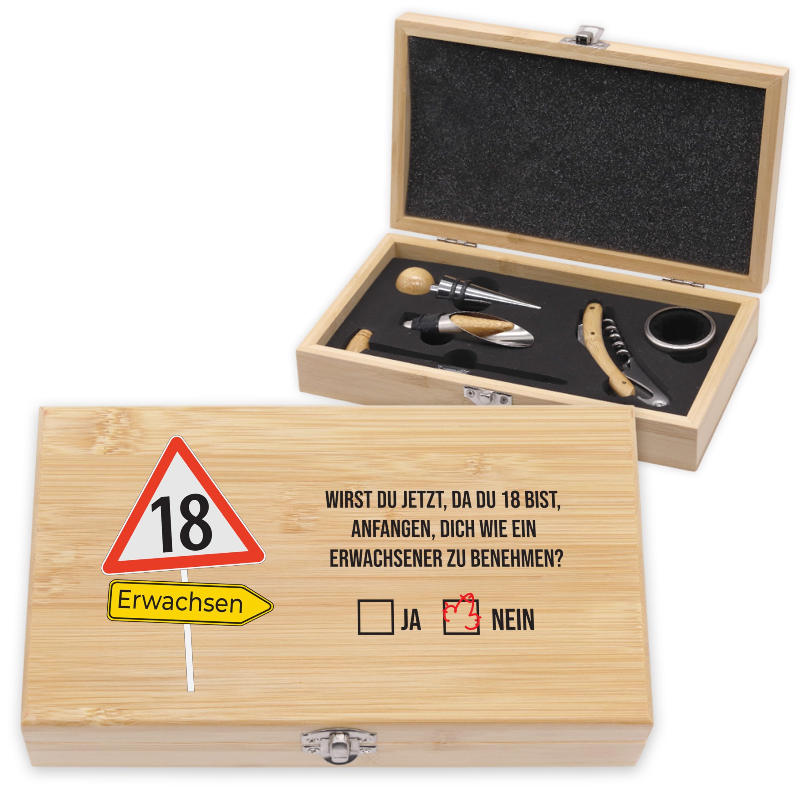 LAUBLUST Weinöffner Set Personalisiert mit Name - 5er Weinzubehörset als cooles Geschenk für Bestie | Soforthilfe - Weinzubehör mit Holz Geschenkbox | Witzige Personalisierte Geschenke für Freundin