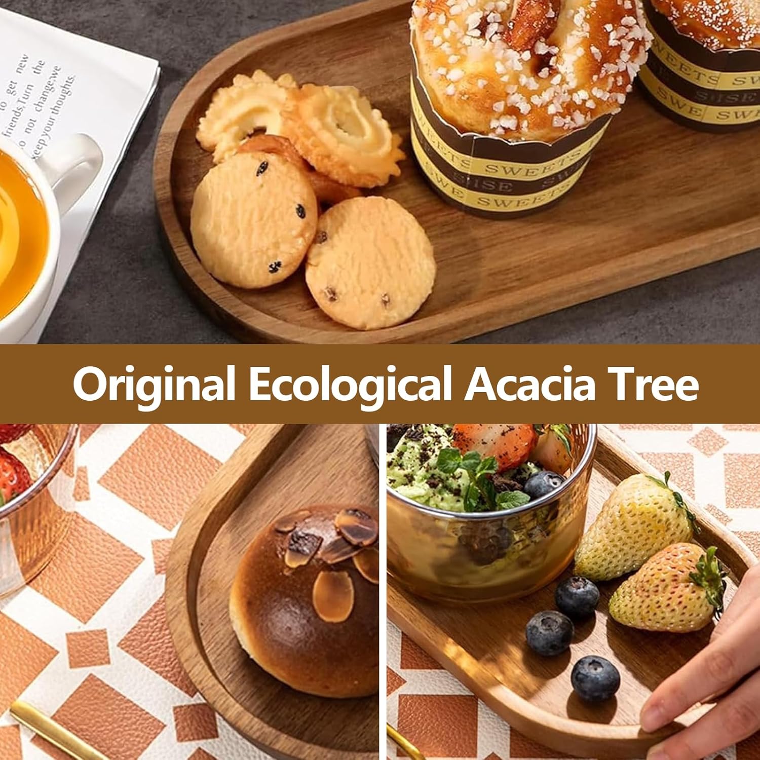 SNSYGN Holzteller, 2 Stück Servierplatte Holz Ovale Holztablett Holz Deko Charcuterie Board Kleines Tablett für Frühstück, Kaffee, Brot, Tee, Kuchen, Handtücher und Duschzubehö