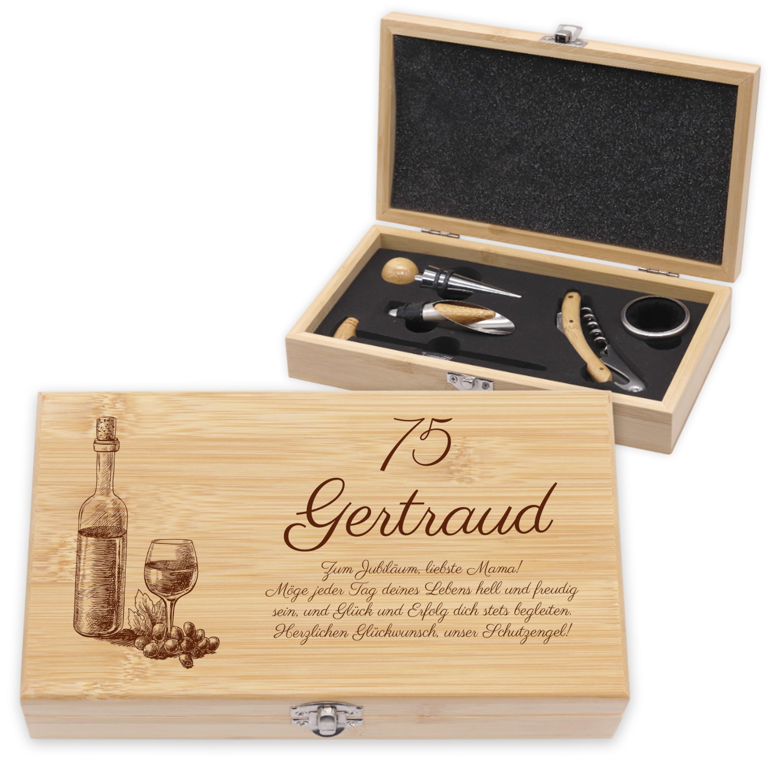 LAUBLUST Weinöffner Set Personalisiert mit Name - 5er Weinzubehörset als cooles Geschenk für Bestie | Soforthilfe - Weinzubehör mit Holz Geschenkbox | Witzige Personalisierte Geschenke für Freundin