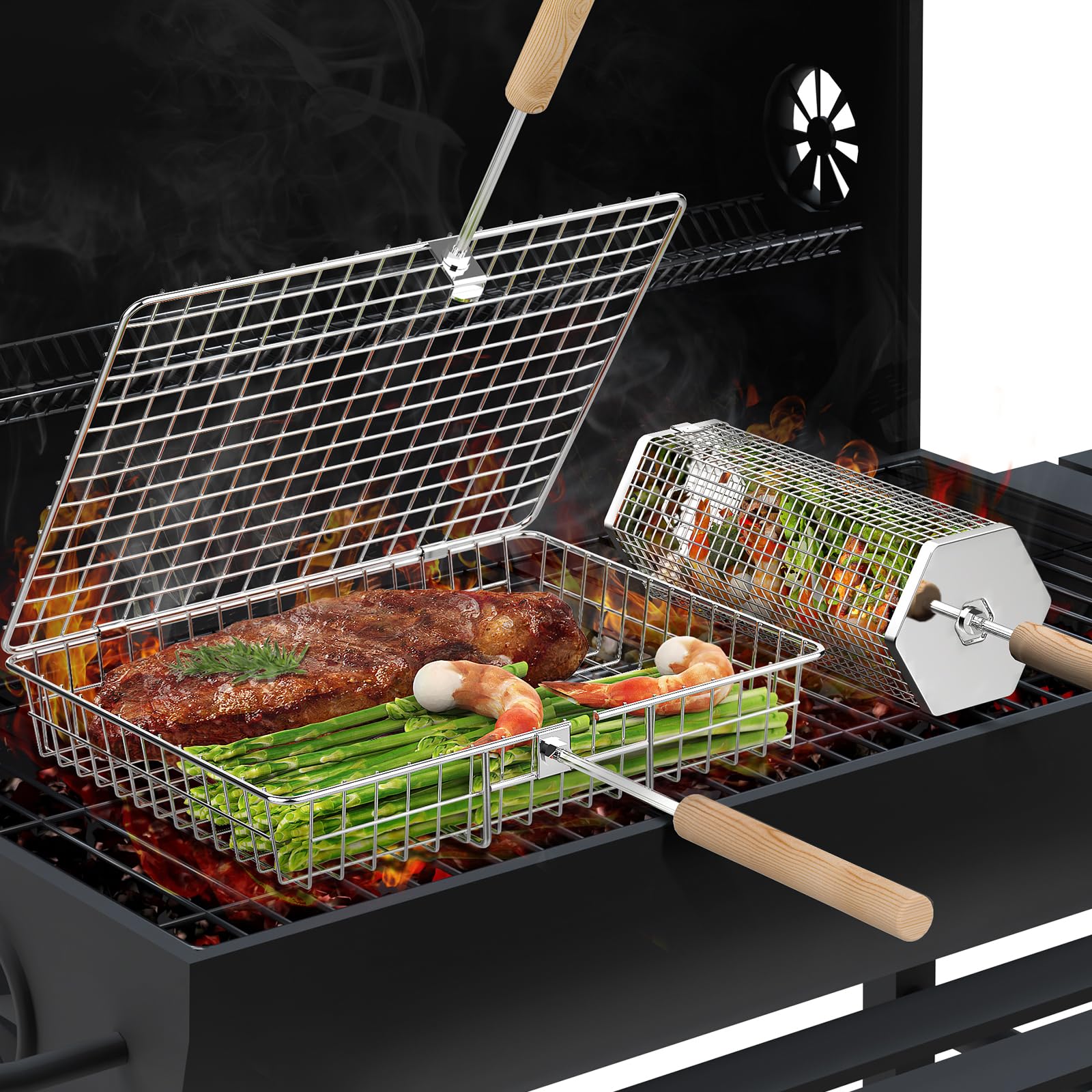ivtivfu Nestbar Rolling Grill Basket, Removable Wooden Handle, 304 Stainless Steel, Outdoor Kitchen Grill Accessories for Vegetables, Garden Camping Gadgets for Gas Grill, Gifts Birthday Gift for Men