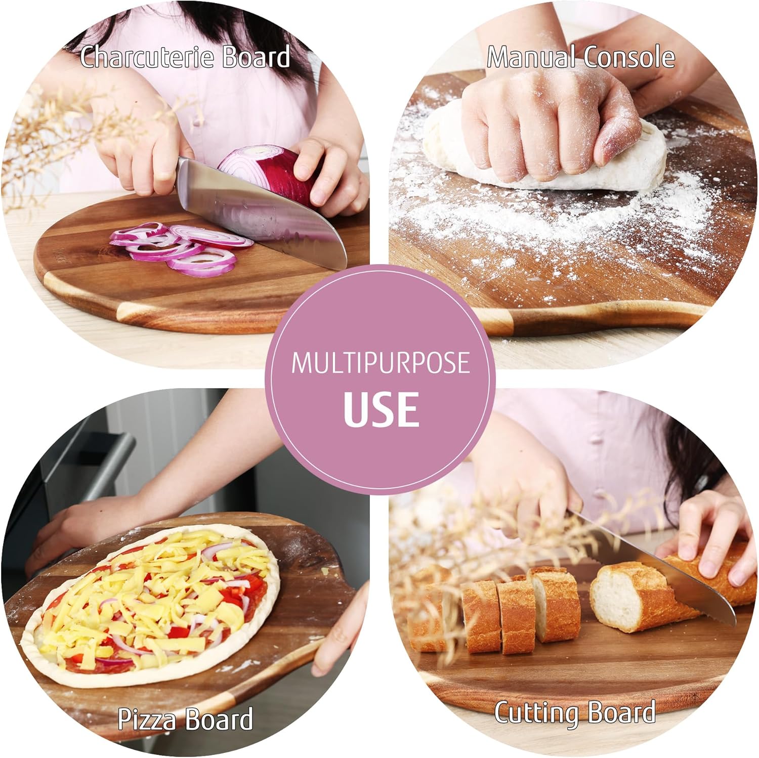 hecef Käsebrett Holz, Käseplatten Käsebretter Servierplatte Servierbrett Geschenk für Party-Geburtstag, Weihnachts, Charcuterie Platte Cheese Board mit Griff 30.5cm (Rundes)