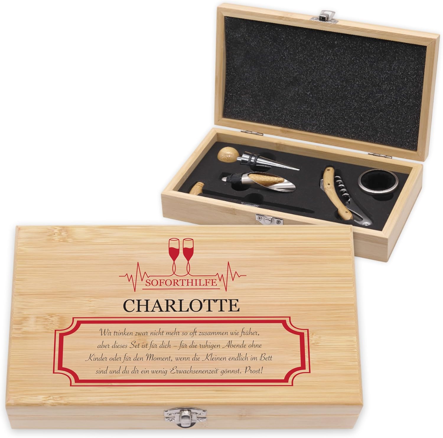 LAUBLUST Weinöffner Set Personalisiert mit Name - 5er Weinzubehörset als cooles Geschenk für Bestie | Soforthilfe - Weinzubehör mit Holz Geschenkbox | Witzige Personalisierte Geschenke für Freundin