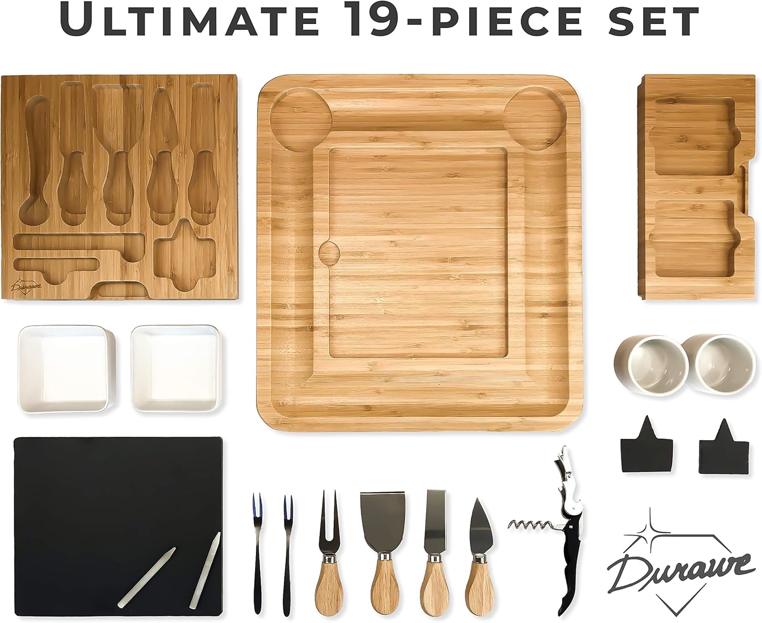 Bambus Käsebrett und Messer-Set Keramik-Schalen Weinöffner – 100% Bio-Holz Serviertablett Charcuterie Board perfekte Wahl für Gourmets, Geburtstagsgeschenke und Mütter