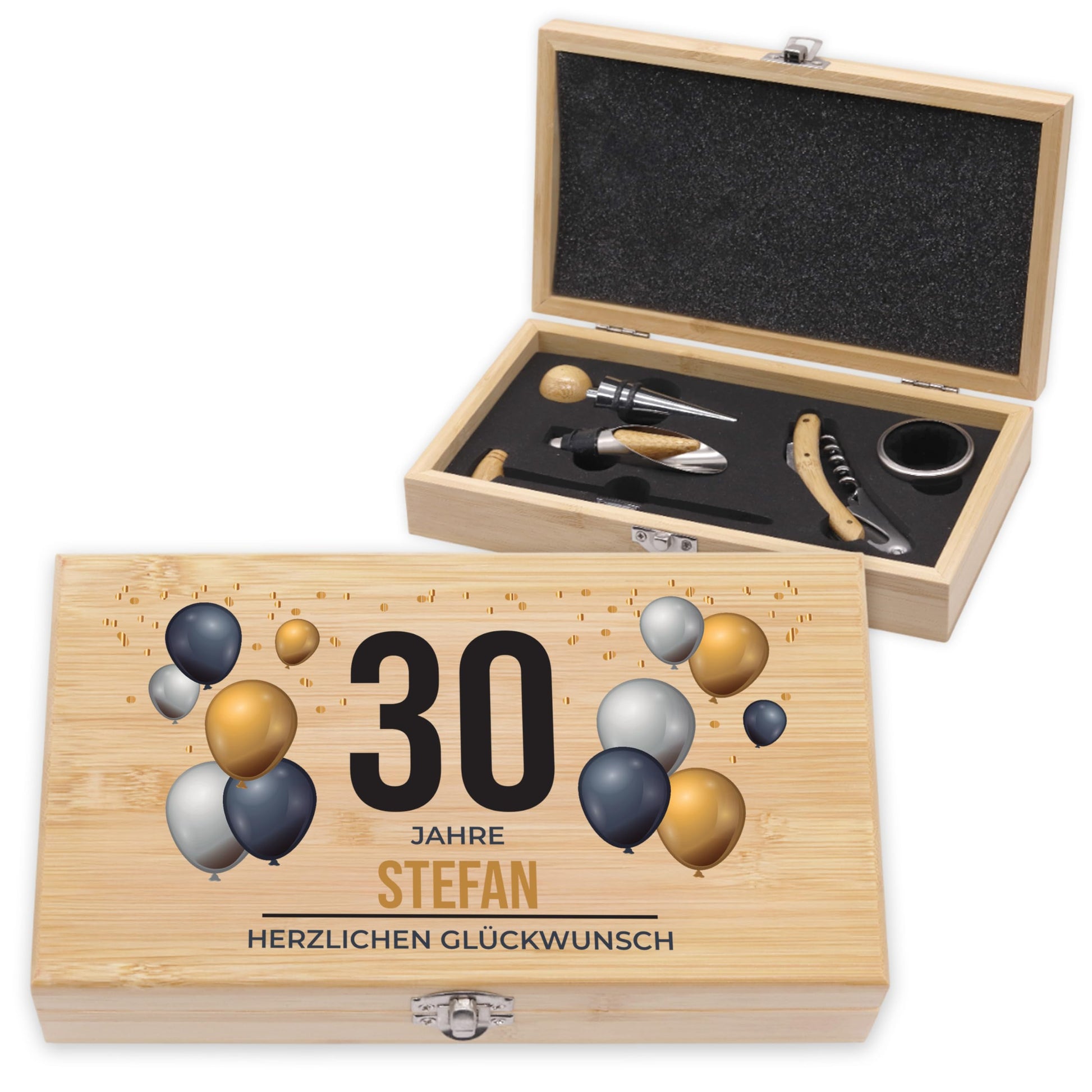 LAUBLUST Weinöffner Set Personalisiert mit Name - 5er Weinzubehörset als cooles Geschenk für Bestie | Soforthilfe - Weinzubehör mit Holz Geschenkbox | Witzige Personalisierte Geschenke für Freundin