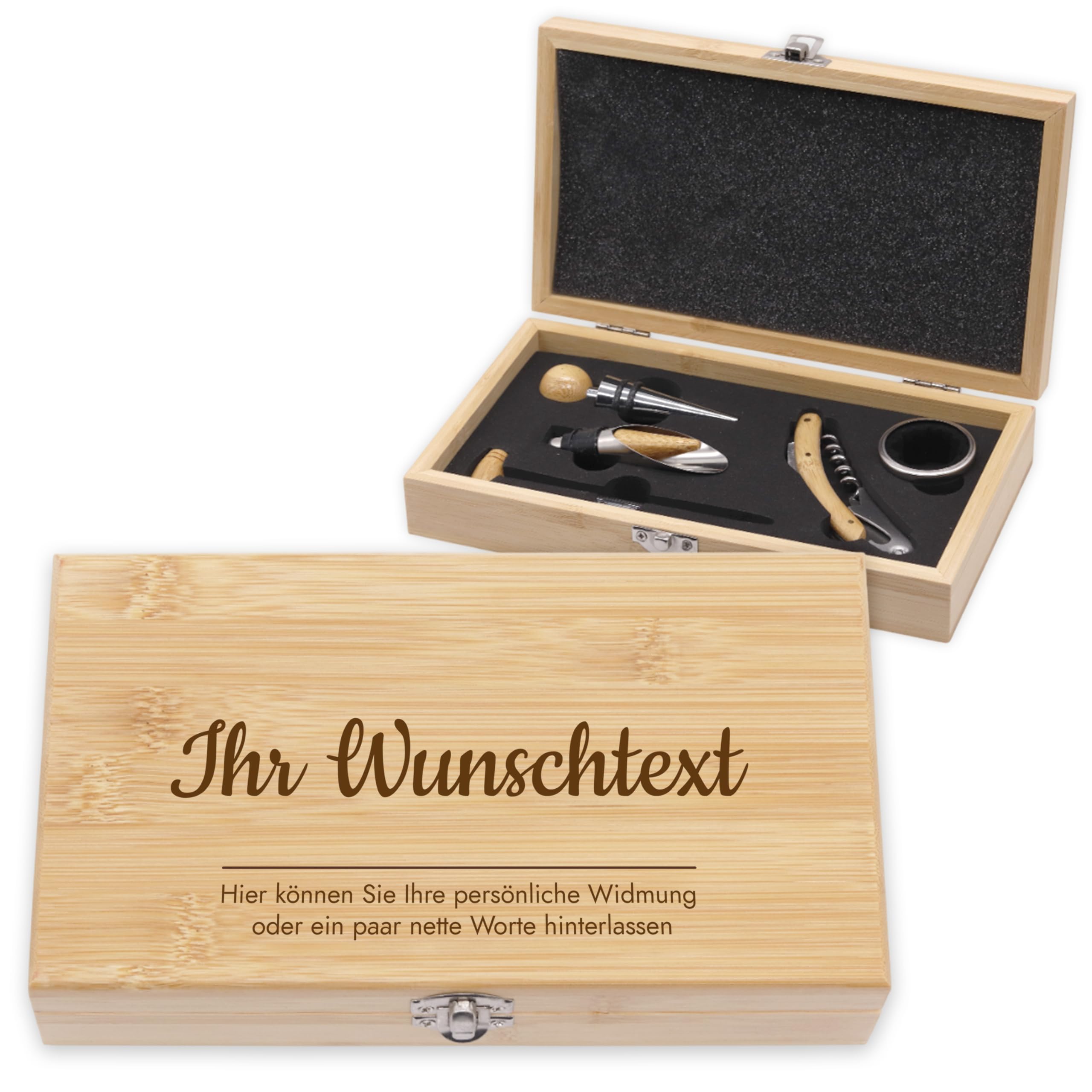 LAUBLUST Weinöffner Set Personalisiert mit Name - 5er Weinzubehörset als cooles Geschenk für Bestie | Soforthilfe - Weinzubehör mit Holz Geschenkbox | Witzige Personalisierte Geschenke für Freundin