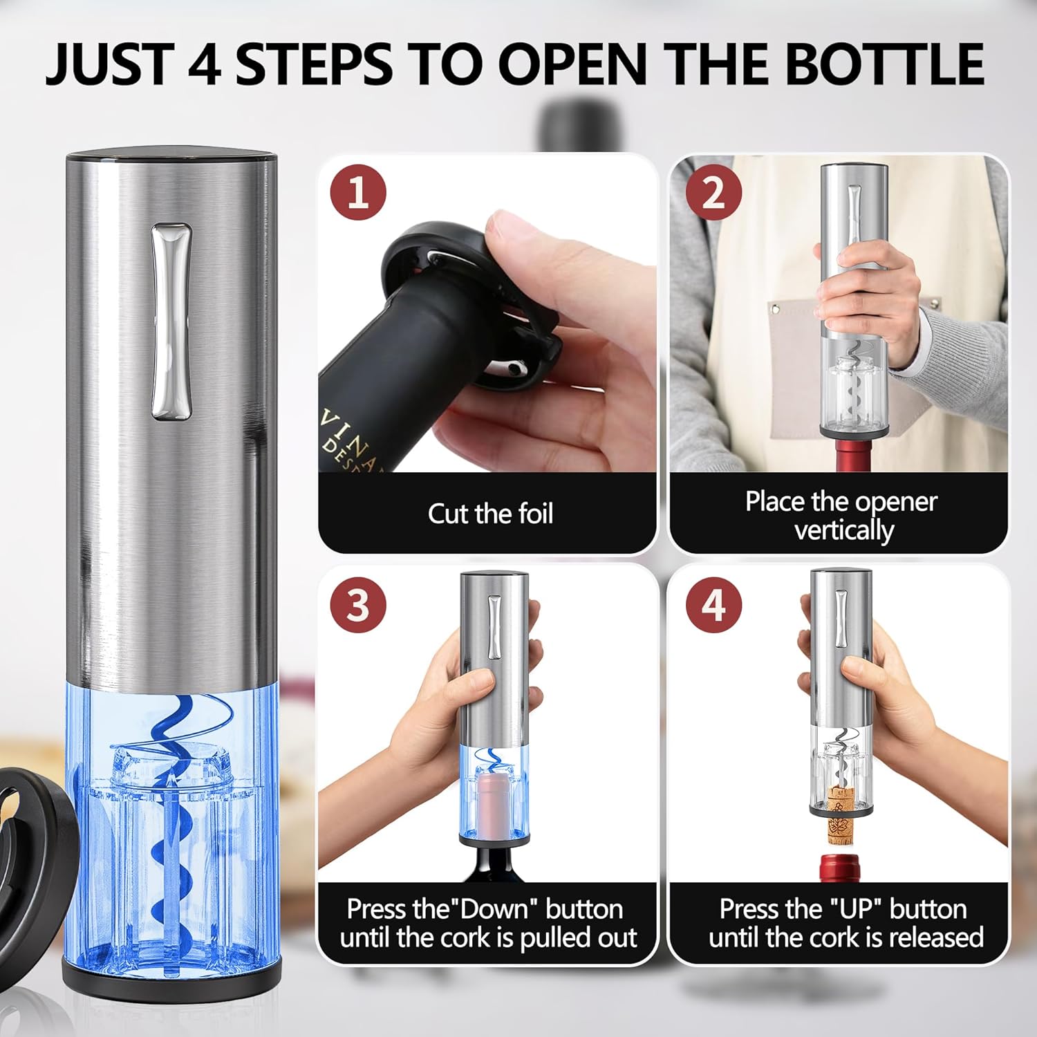 BGFOX Electric Wine Bottle Opener Set Rechargeable Stainless Steel, 4 in 1 Automatic Electric Corkscrew, Automatic Electric Wine Aerator, Foil Cutter and Vacuum Stopper, Gifts for Wine Lovers