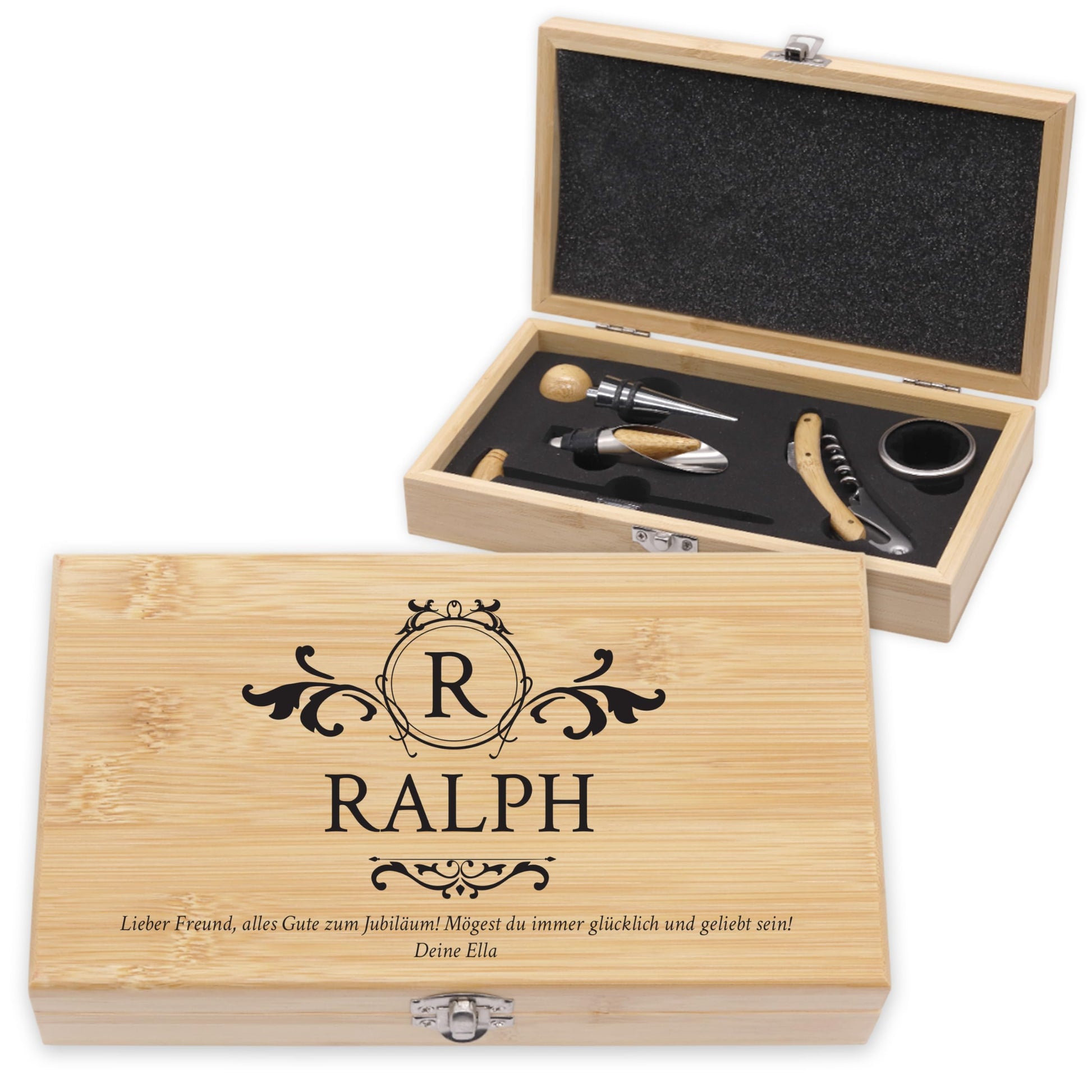 LAUBLUST Weinöffner Set Personalisiert mit Name - 5er Weinzubehörset als cooles Geschenk für Bestie | Soforthilfe - Weinzubehör mit Holz Geschenkbox | Witzige Personalisierte Geschenke für Freundin