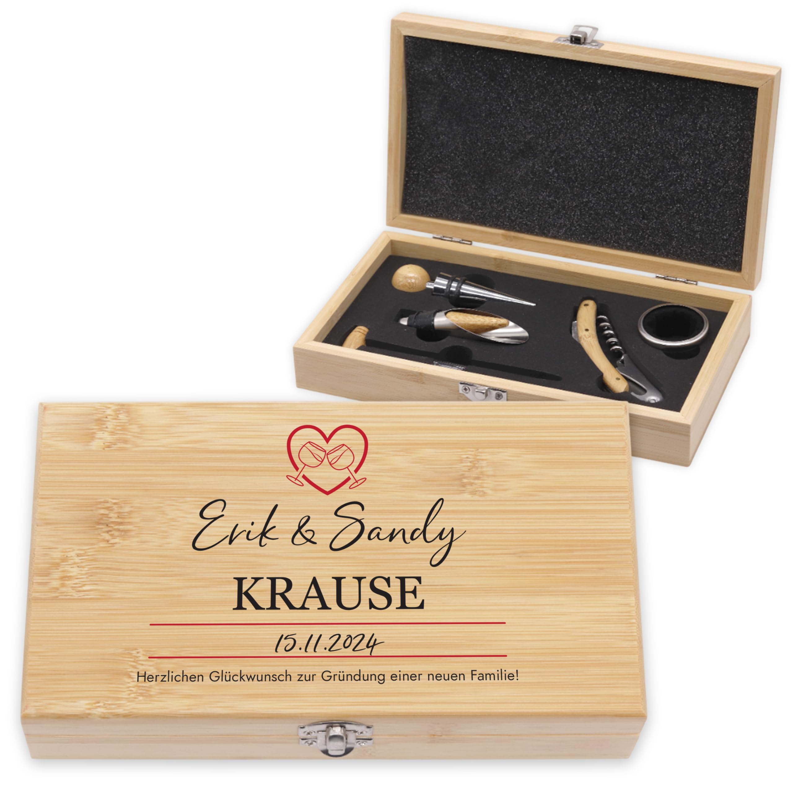 LAUBLUST Weinöffner Set Personalisiert mit Name - 5er Weinzubehörset als cooles Geschenk für Bestie | Soforthilfe - Weinzubehör mit Holz Geschenkbox | Witzige Personalisierte Geschenke für Freundin