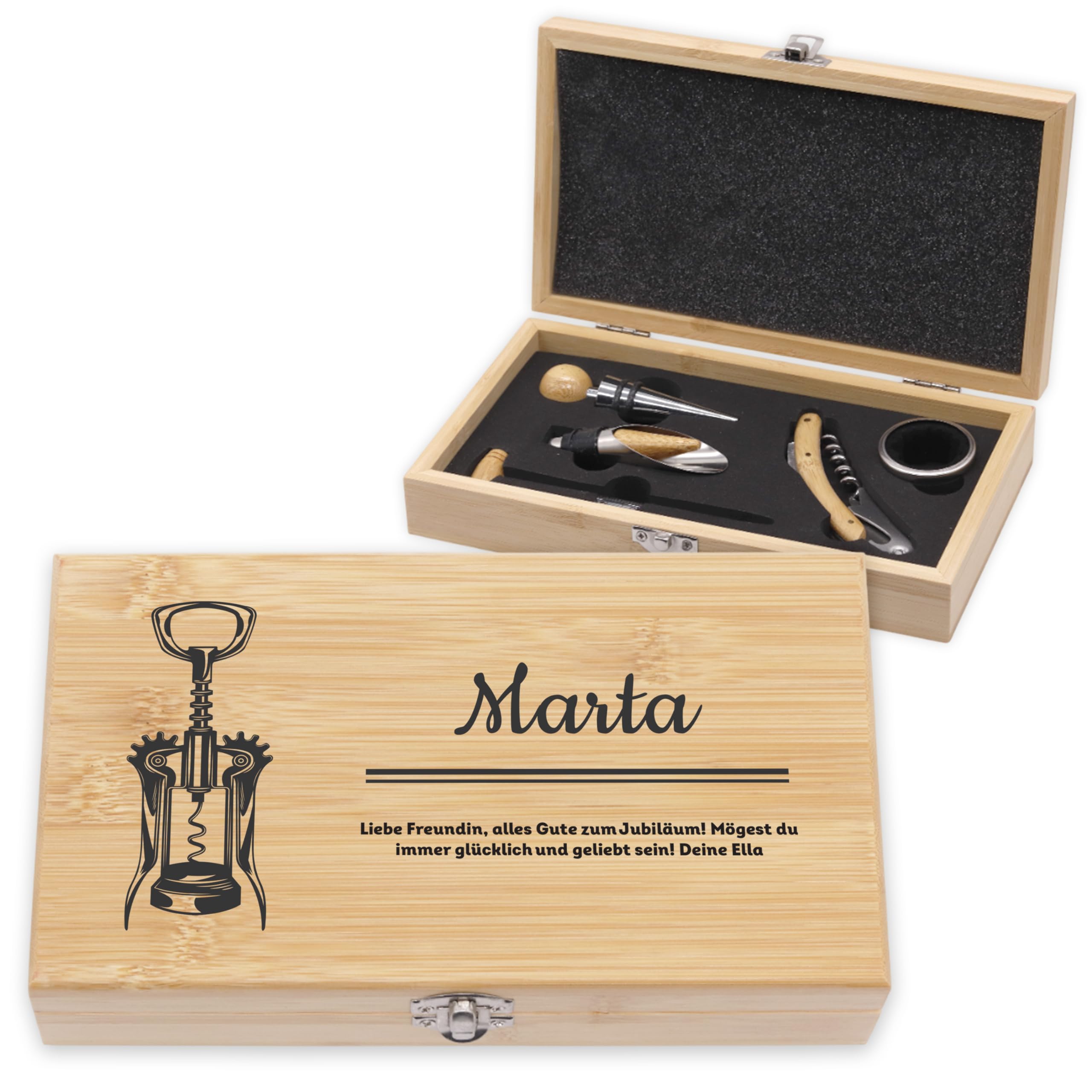 LAUBLUST Weinöffner Set Personalisiert mit Name - 5er Weinzubehörset als cooles Geschenk für Bestie | Soforthilfe - Weinzubehör mit Holz Geschenkbox | Witzige Personalisierte Geschenke für Freundin