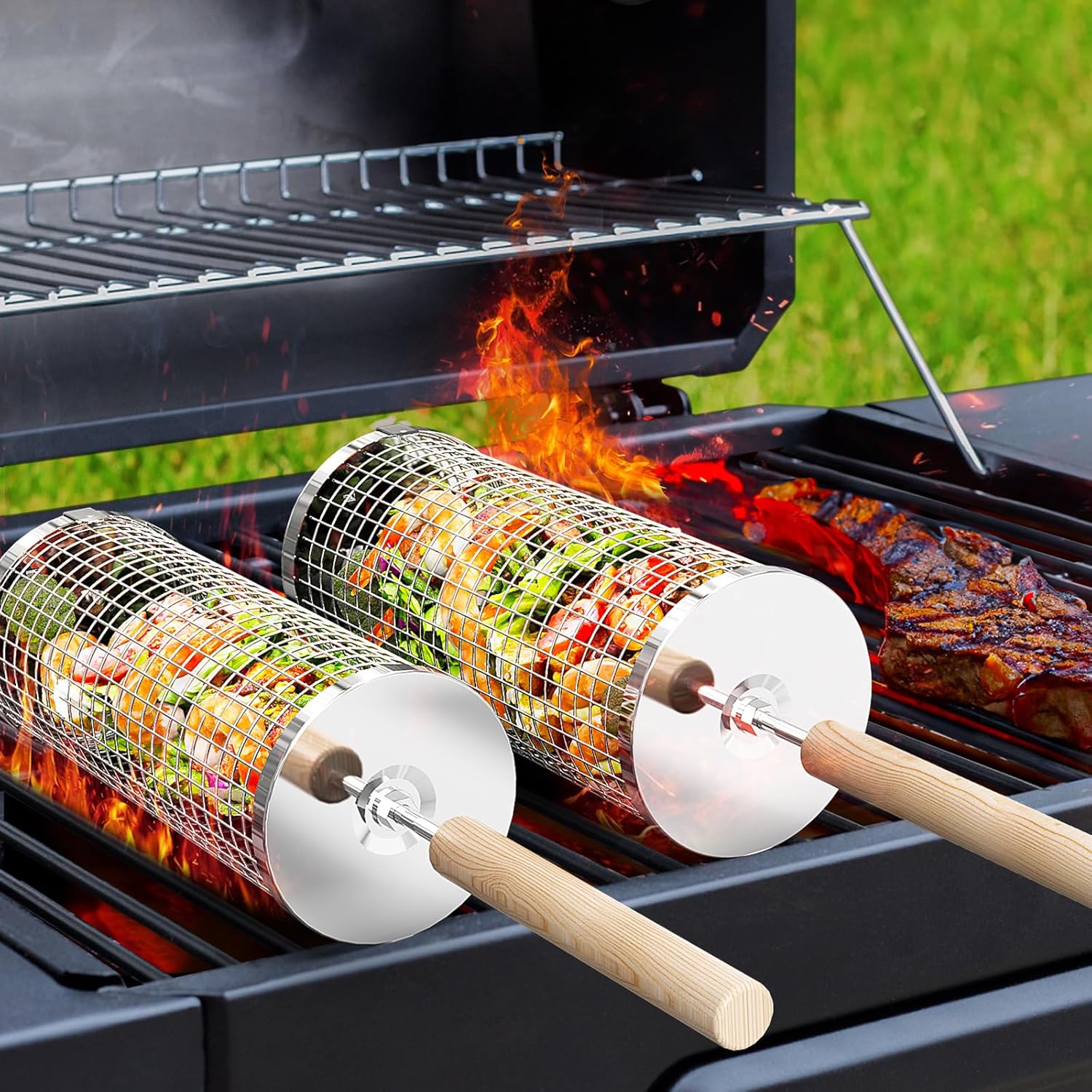 ivtivfu Nestbar Rolling Grill Basket, Removable Wooden Handle, 304 Stainless Steel, Outdoor Kitchen Grill Accessories for Vegetables, Garden Camping Gadgets for Gas Grill, Gifts Birthday Gift for Men