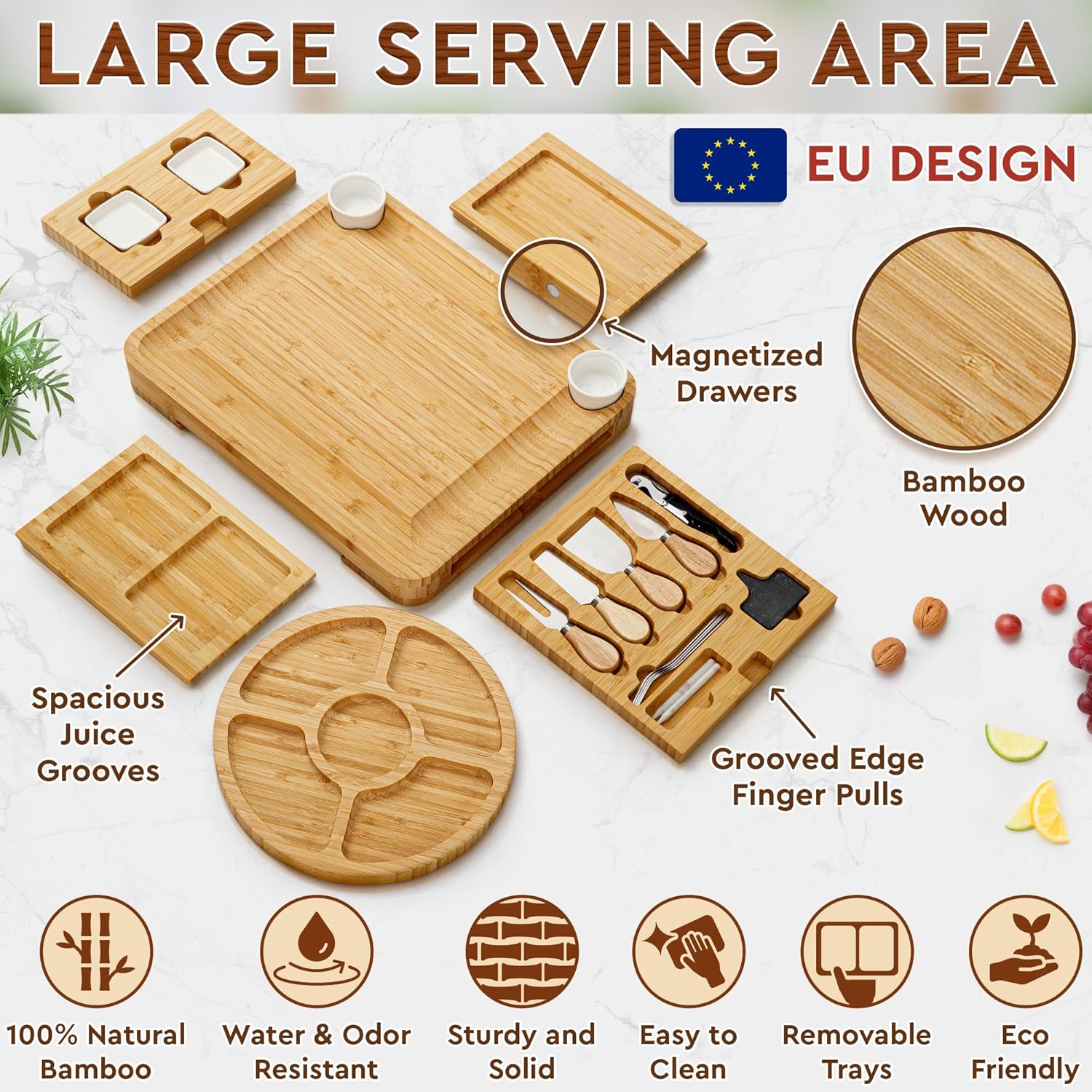 Charcuterie Boards Deluxe Geschenkset – 23-teilig, Bambus – großes Käsebrett plus Obsttablett als Geburtstagsgeschenk