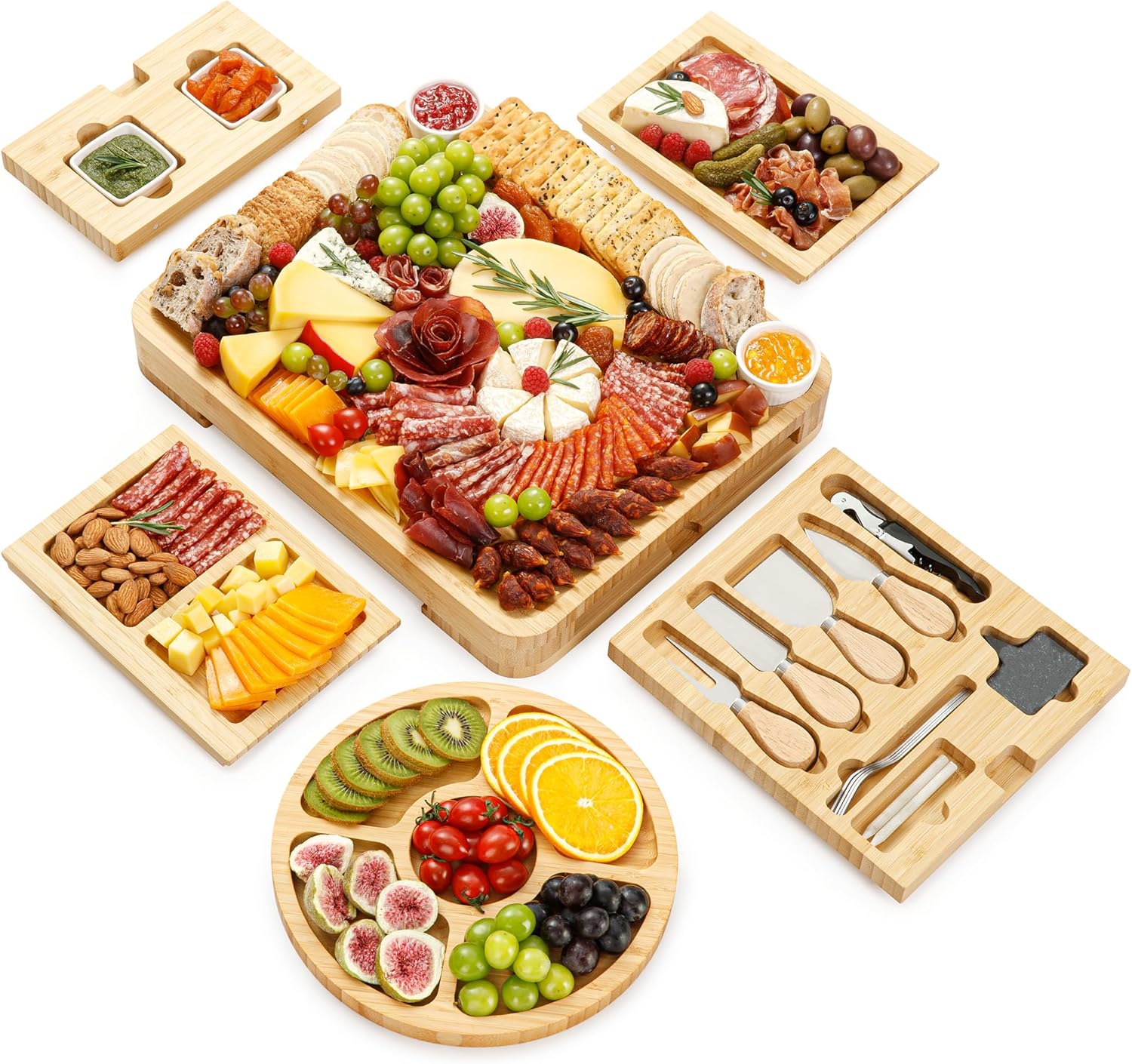 Charcuterie Boards Deluxe Geschenkset – 23-teilig, Bambus – großes Käsebrett plus Obsttablett als Geburtstagsgeschenk