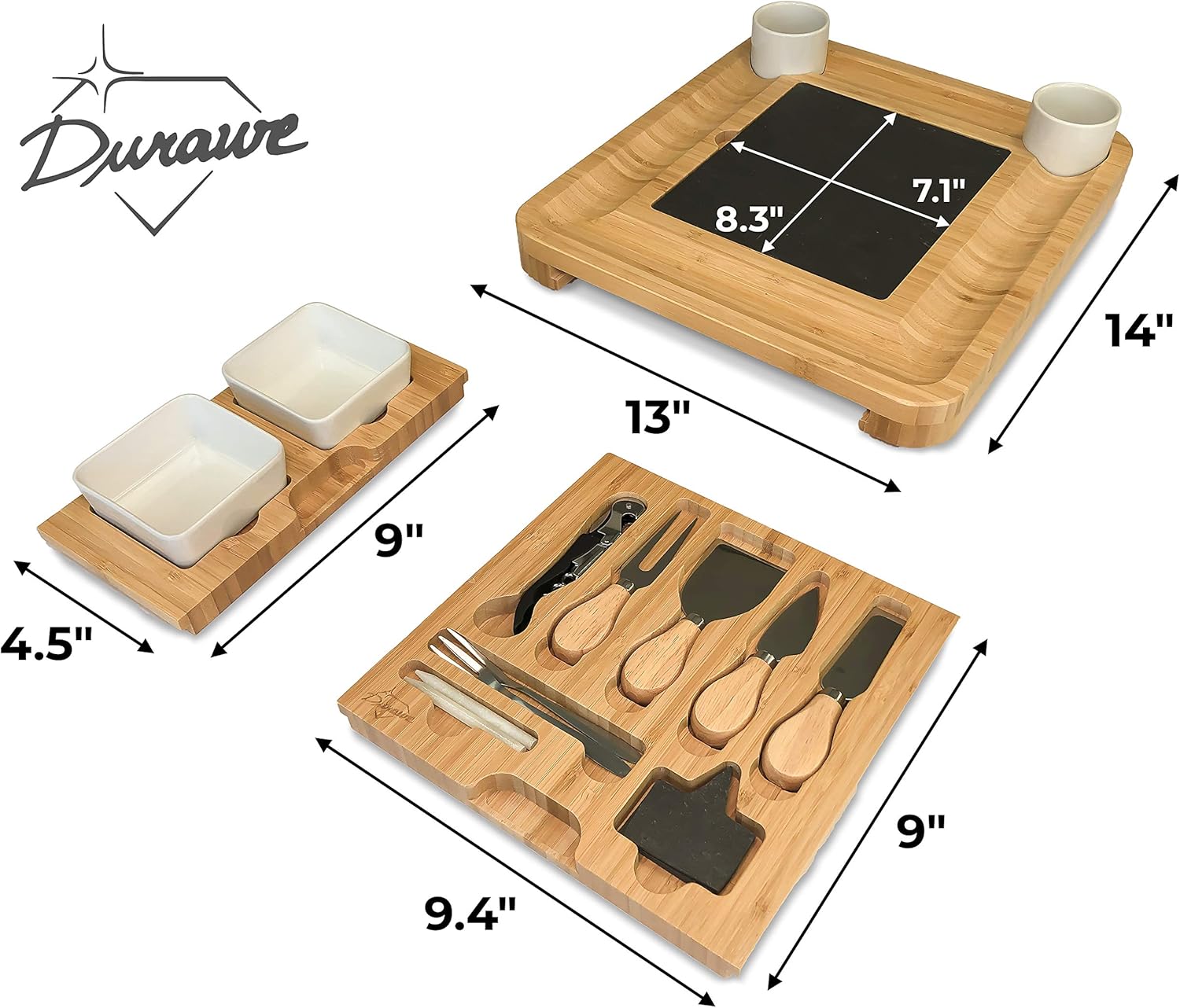 Bambus Käsebrett und Messer-Set Keramik-Schalen Weinöffner – 100% Bio-Holz Serviertablett Charcuterie Board perfekte Wahl für Gourmets, Geburtstagsgeschenke und Mütter